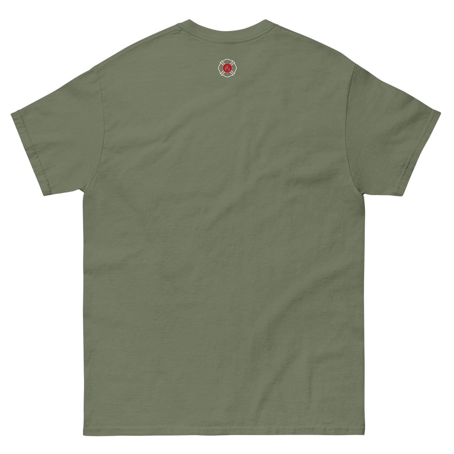 Unisex classic tee in olive green with firefighter emblem on the back, perfect for firefighter gear and gifts.