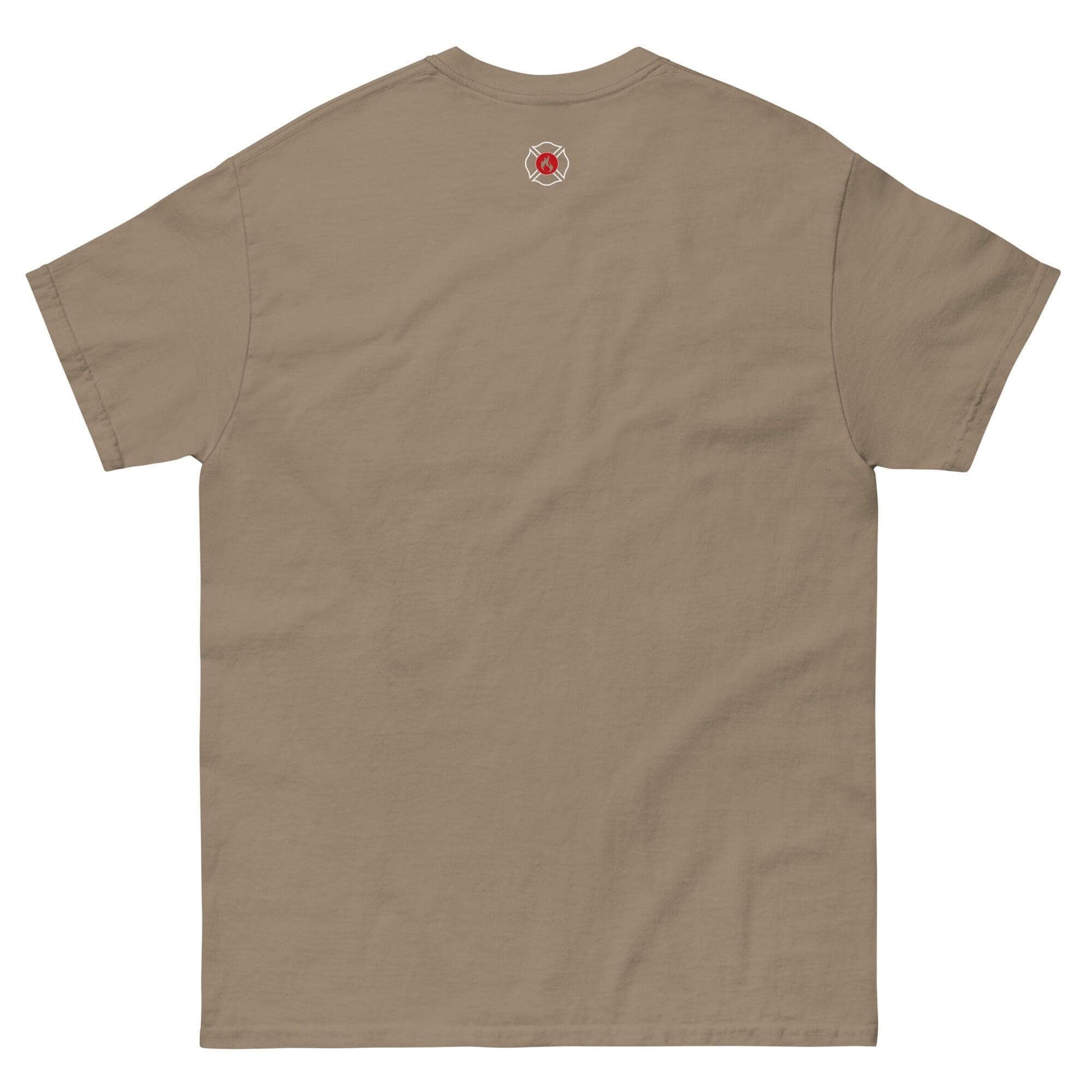 Back view of unisex classic tee in khaki with a firefighter emblem, perfect for firefighter gifts and apparel.