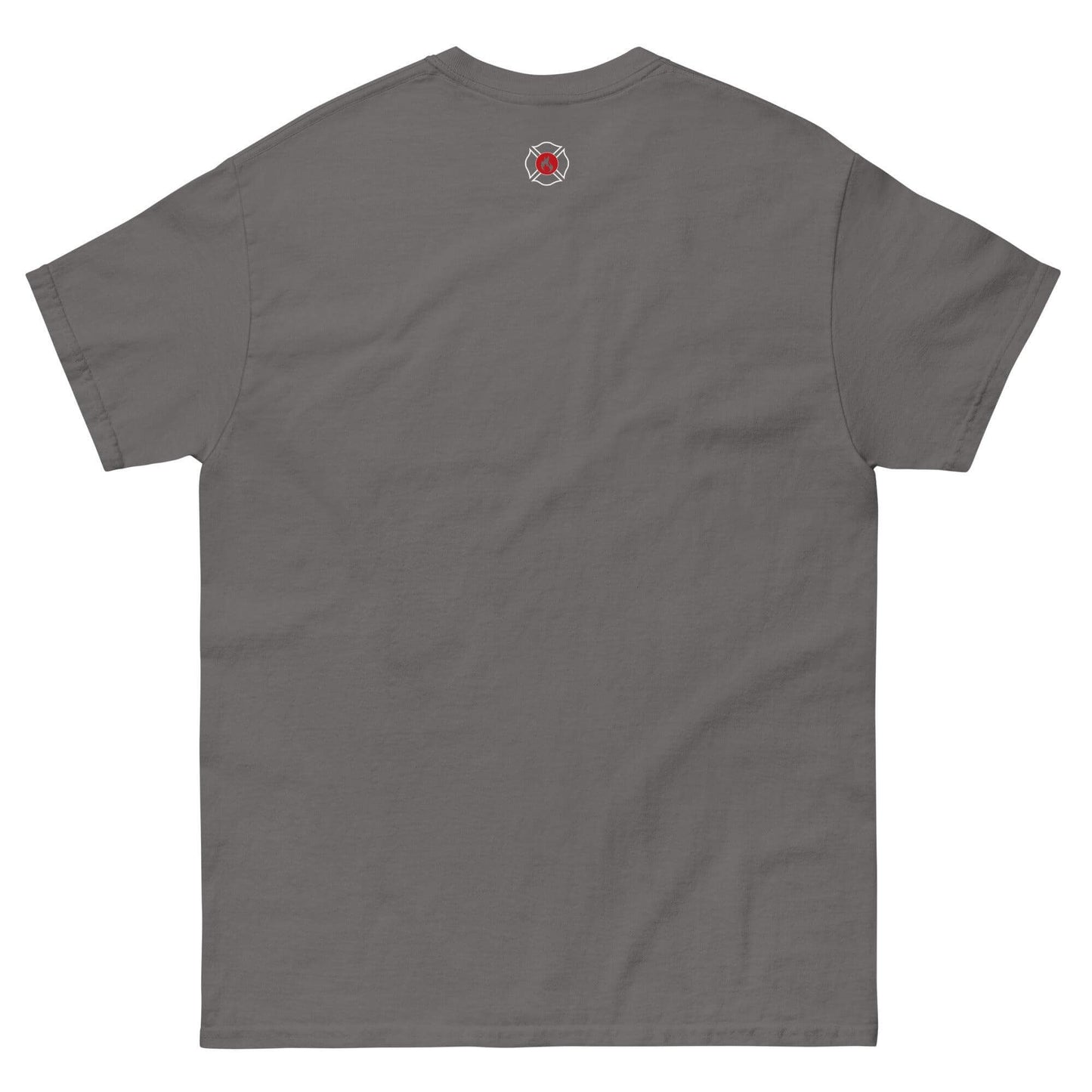 Back view of unisex classic tee in Sport Grey featuring firefighter logo, ideal firefighter gear and firehouse gifts.