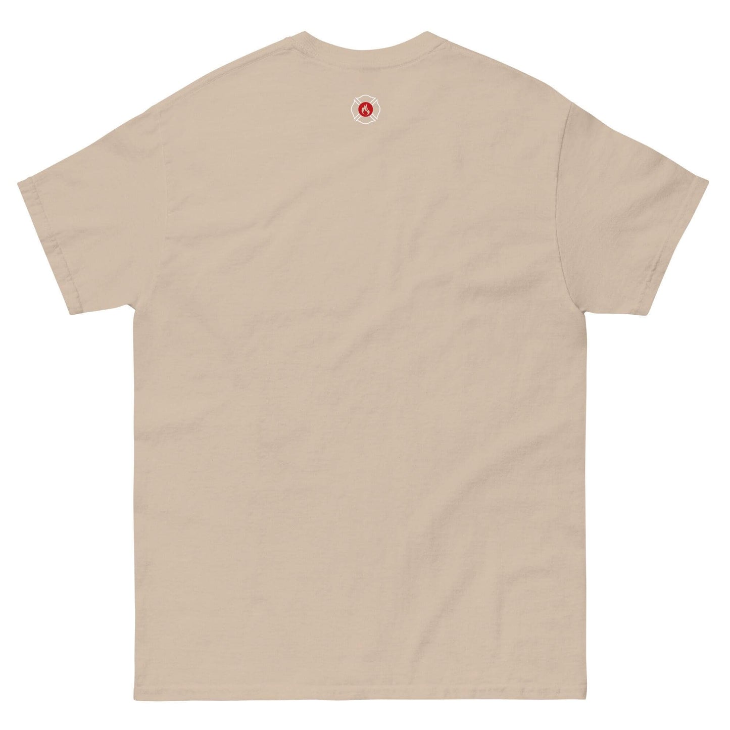 Unisex classic tee shirt back view in beige, featuring a small emblem, perfect for firefighter gear and gifts.