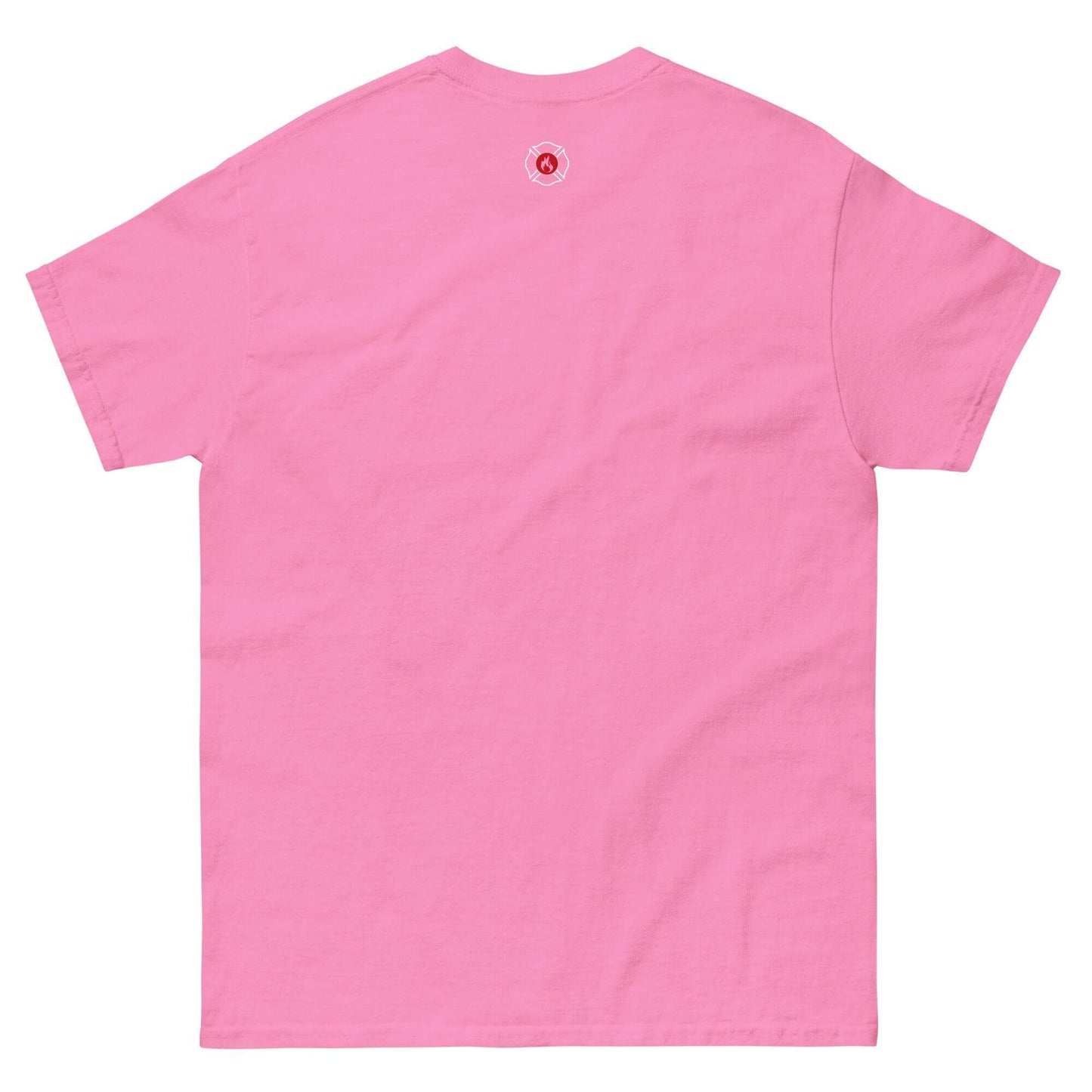 Back view of unisex classic tee in pink, made of 100% cotton, ideal for firefighter apparel and trendy streetwear outfits.