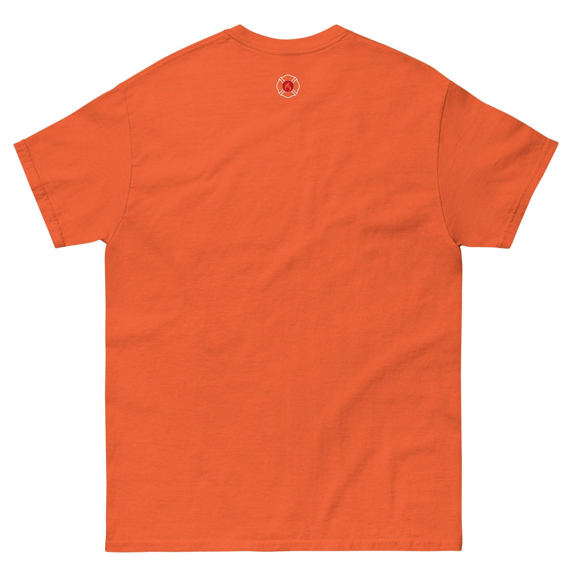 Back view of unisex classic orange tee with firefighter emblem, ideal for firefighter gifts and apparel.