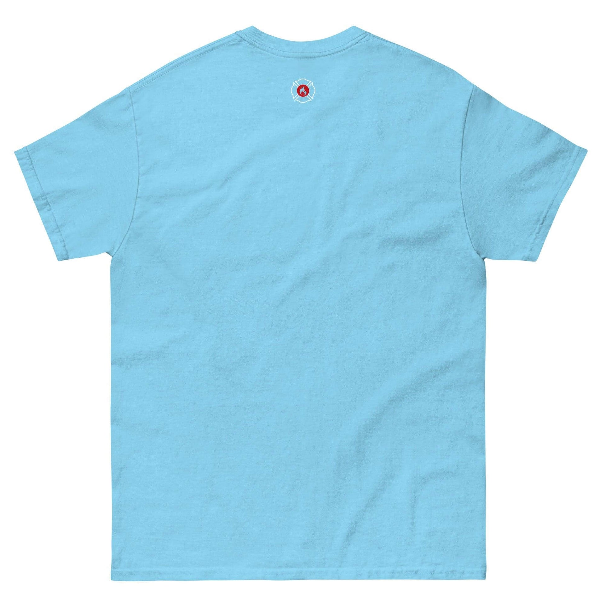 Back view of a unisex classic tee in light blue, showcasing soft cotton fabric ideal for firefighter apparel.