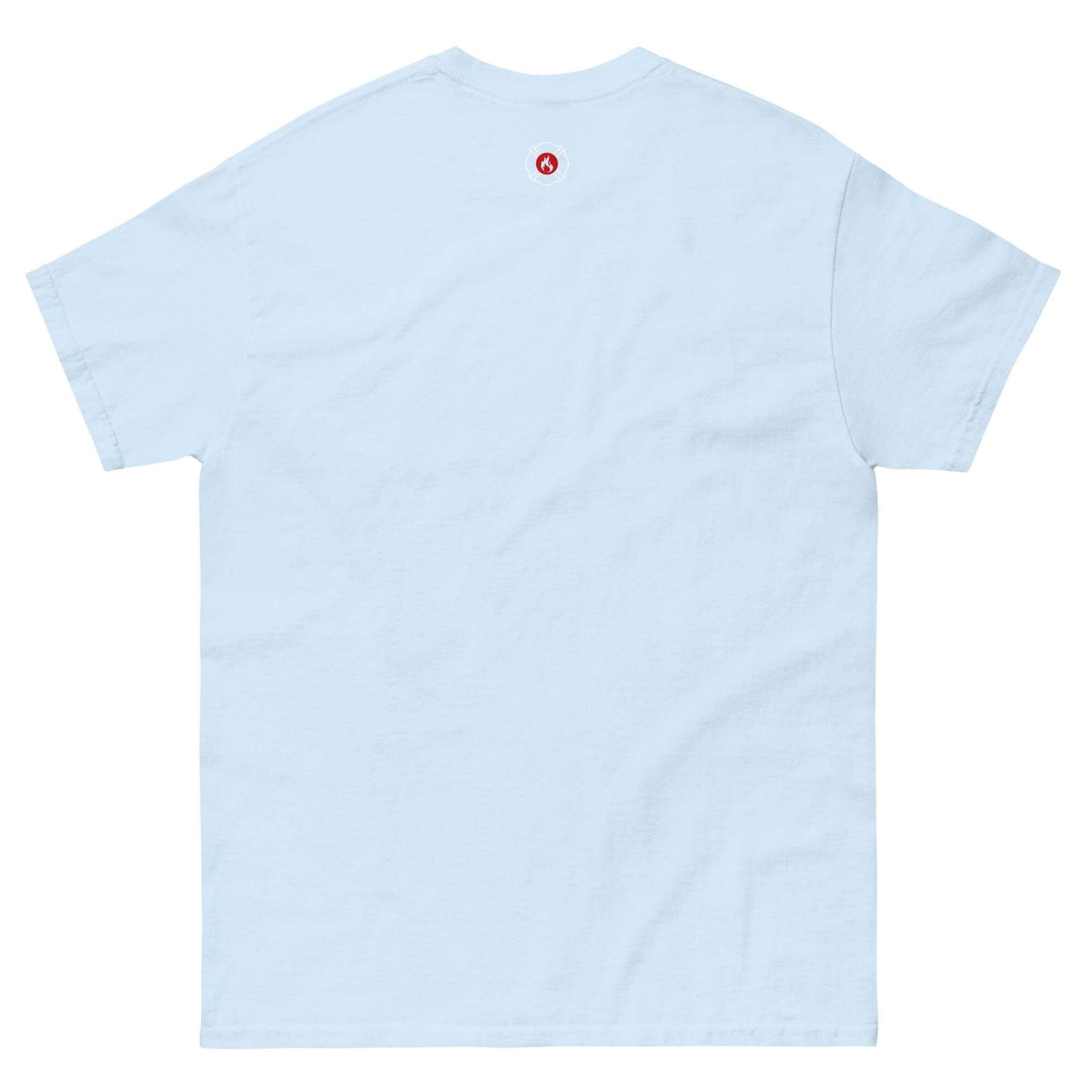 Back view of a light blue unisex classic tee featuring a small red logo, perfect for firefighter apparel and gifts.