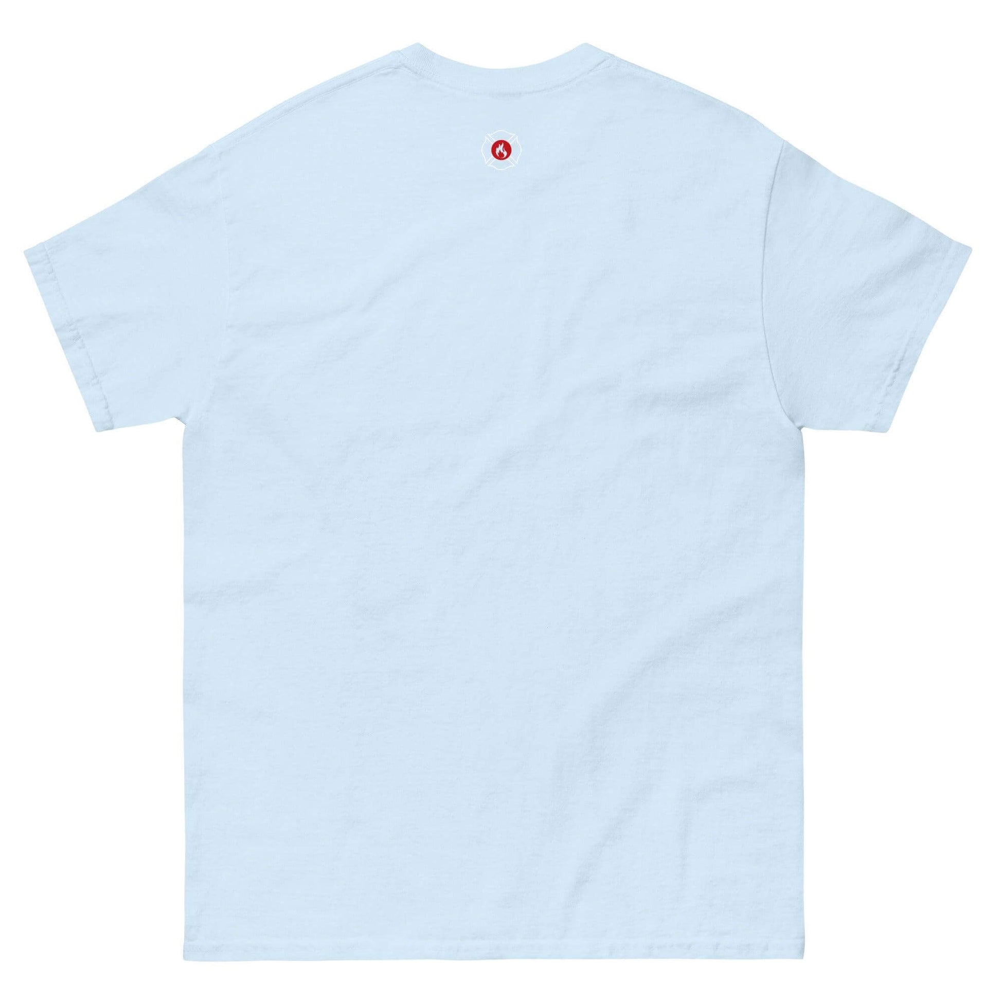 Back view of a light blue unisex classic tee featuring a small red logo, perfect for firefighter apparel and gifts.