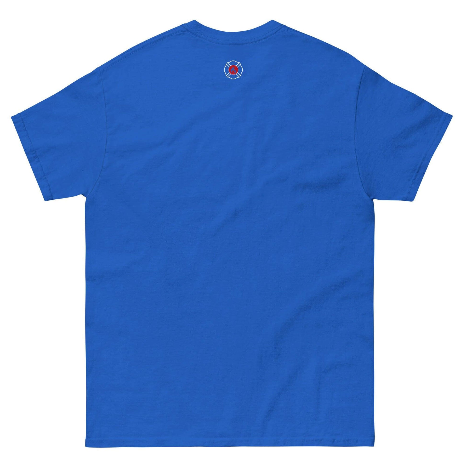 Back view of a unisex classic blue tee with a firefighter emblem, perfect for firefighter apparel and firehouse gifts.