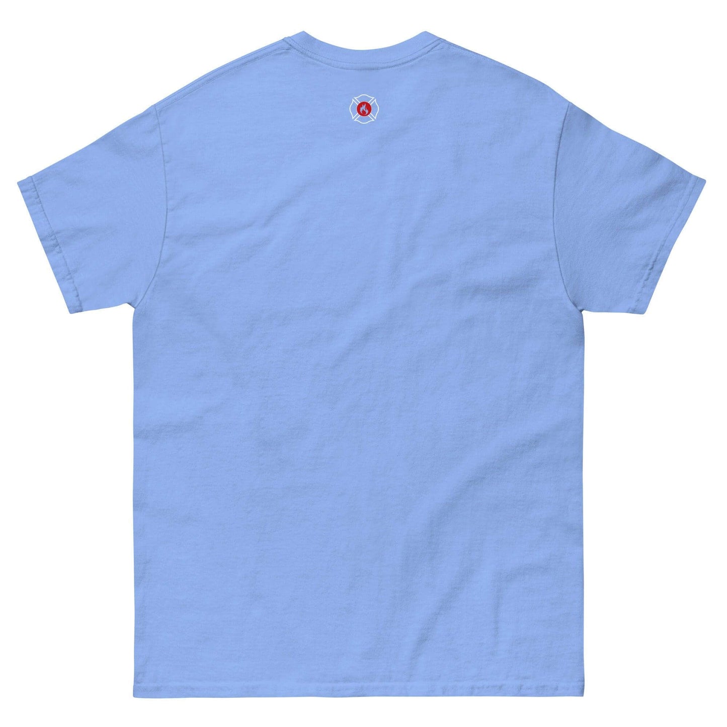 Back view of a light blue unisex classic tee, perfect for firefighter apparel and trendy streetwear outfits.