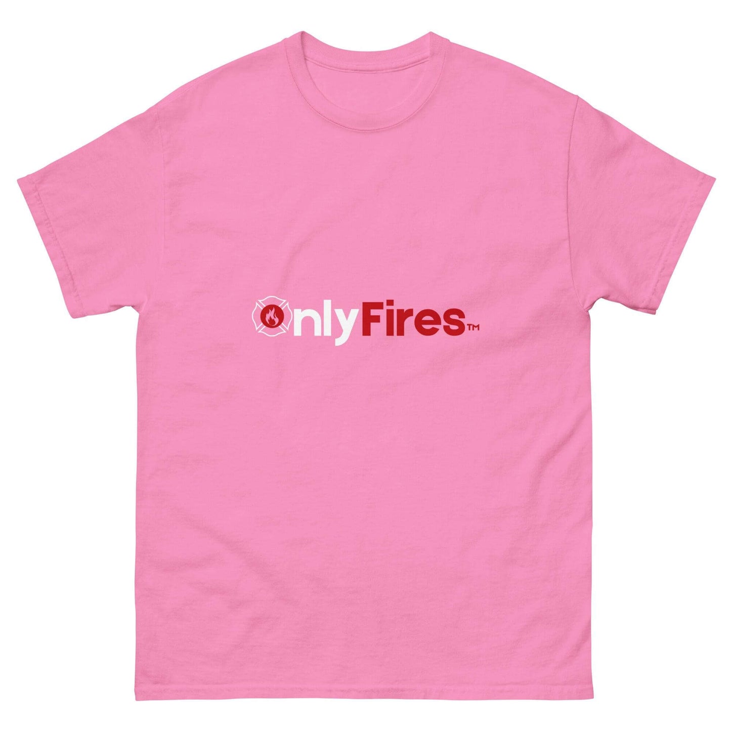 Pink unisex classic tee with "Only Fires" logo, perfect for firefighter gifts and trendy streetwear.