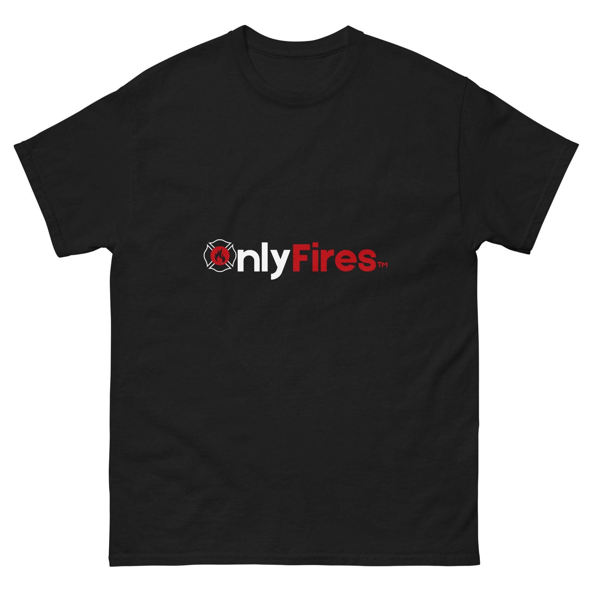 Black unisex classic tee featuring "onlyFires" logo, perfect for firefighters and firehouse gifts. Stylish and trendy apparel.