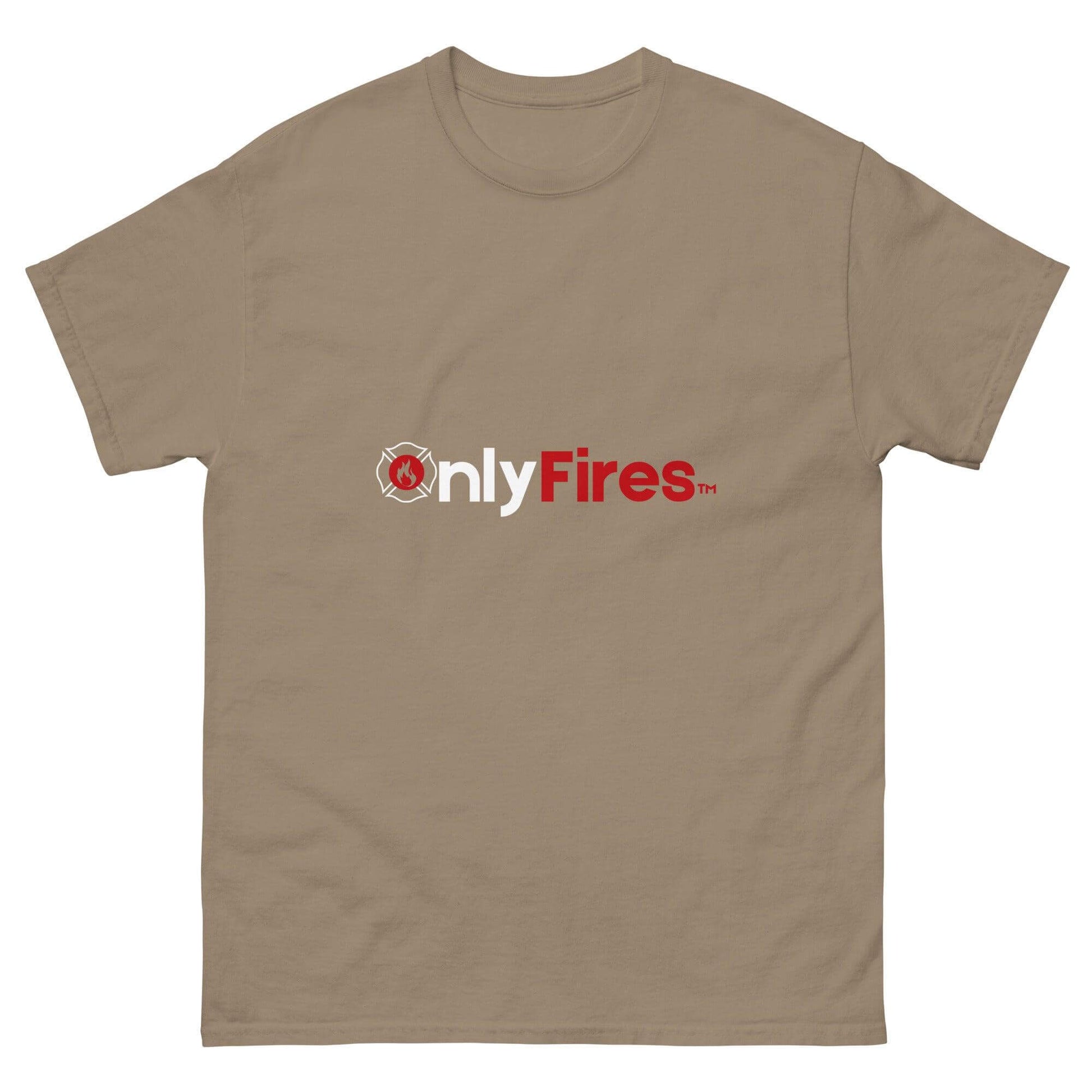 Unisex classic tee in tan featuring "Only Fires" logo, perfect firefighter apparel and gifts for firehouse lovers.