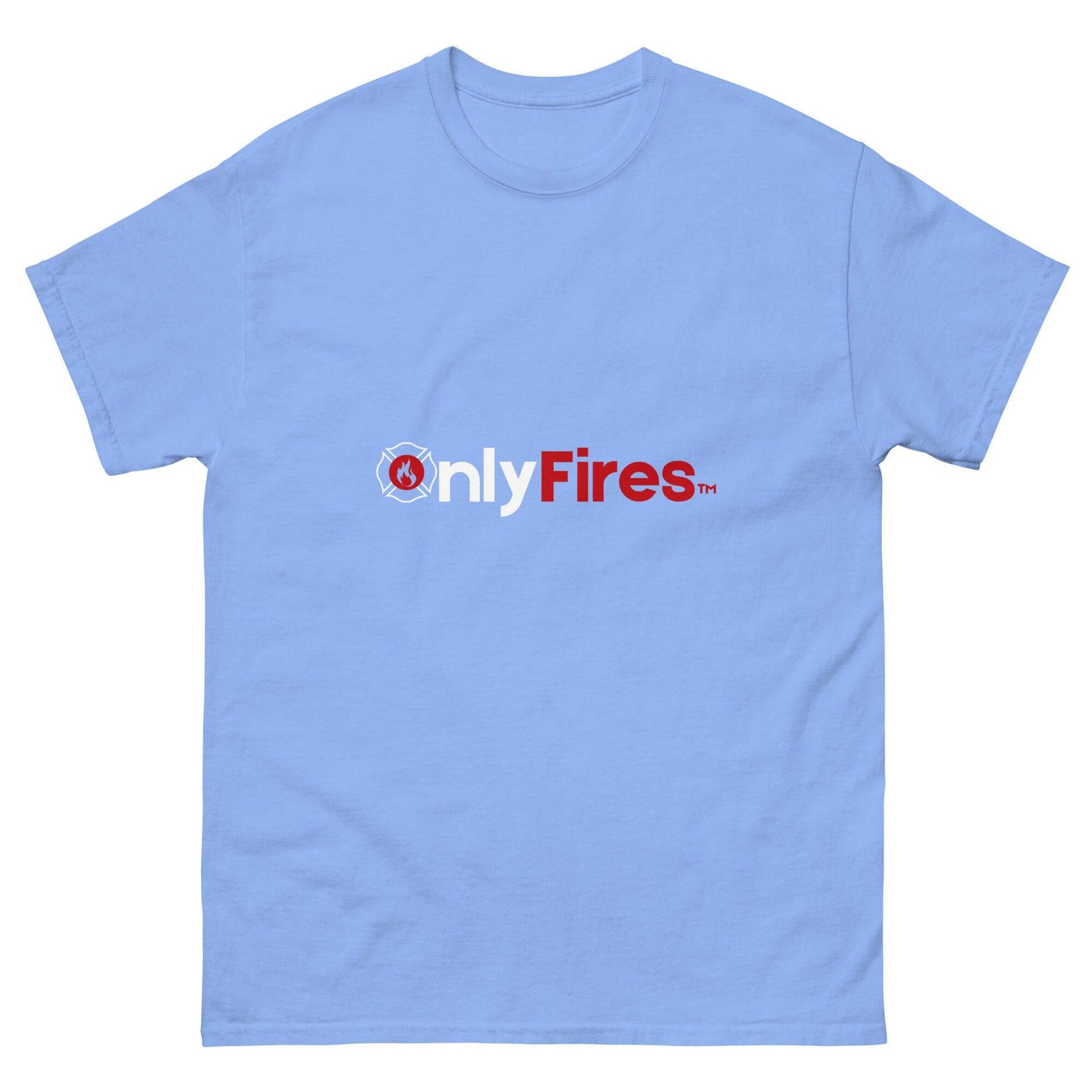 Light blue unisex classic tee featuring "OnlyFires" logo, perfect for firefighter apparel and gifts.