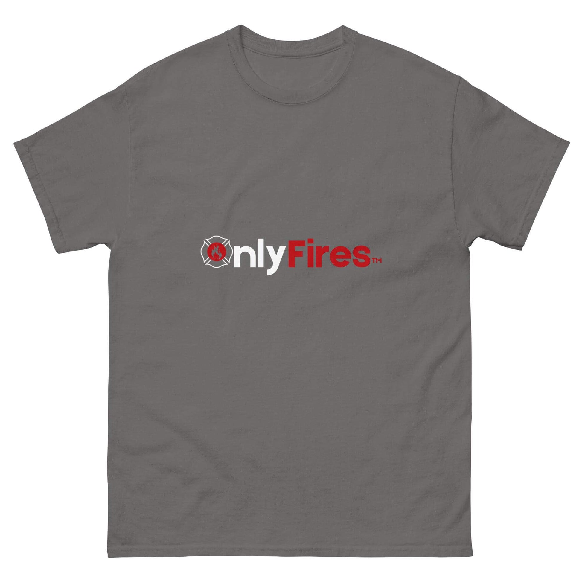 Unisex classic tee in Sport Grey featuring "onlyFires" logo, ideal for firefighter apparel and gifts.