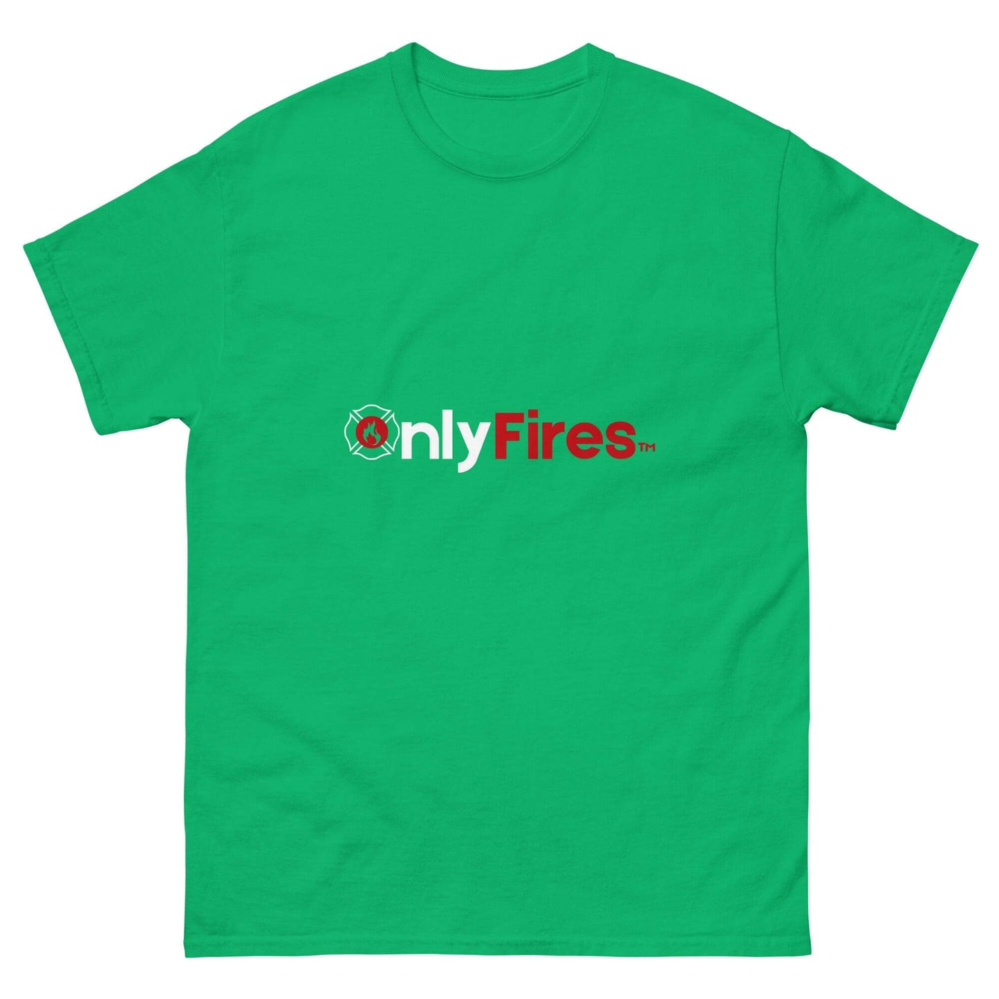 Unisex classic tee in vibrant green featuring "onlyFires" logo, perfect for firefighter apparel or firehouse gifts.