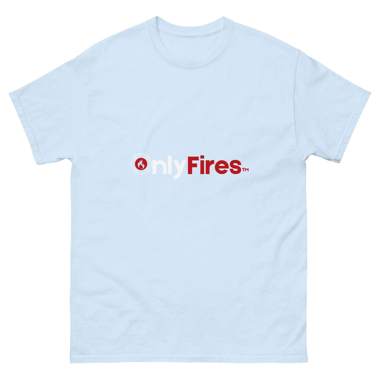 Unisex classic tee in light blue with "onlyFires" graphic, perfect for firefighter apparel and firehouse gifts.