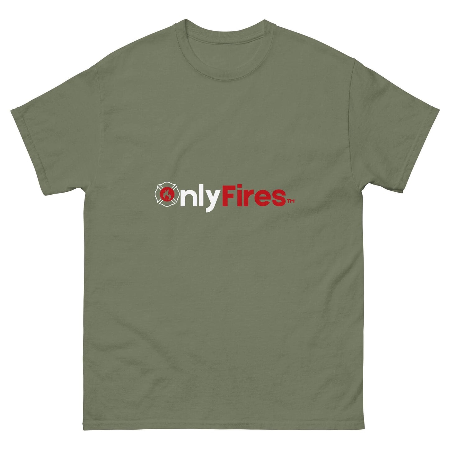 Unisex classic tee in olive green featuring "OnlyFires" logo, perfect for firefighters and firehouse gifts.