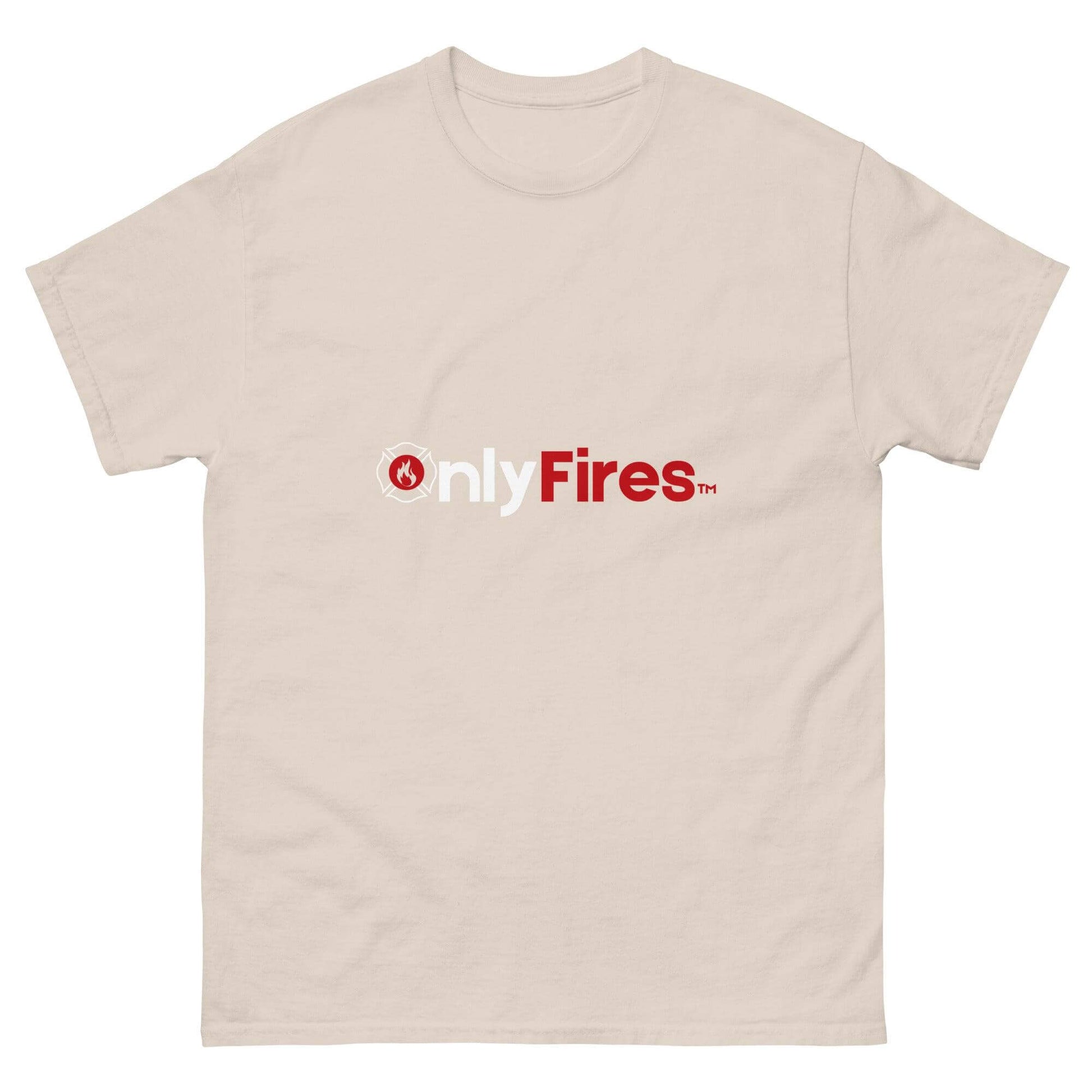 Unisex classic tee featuring "onlyFires" logo, perfect for firefighter apparel and trendy streetwear.