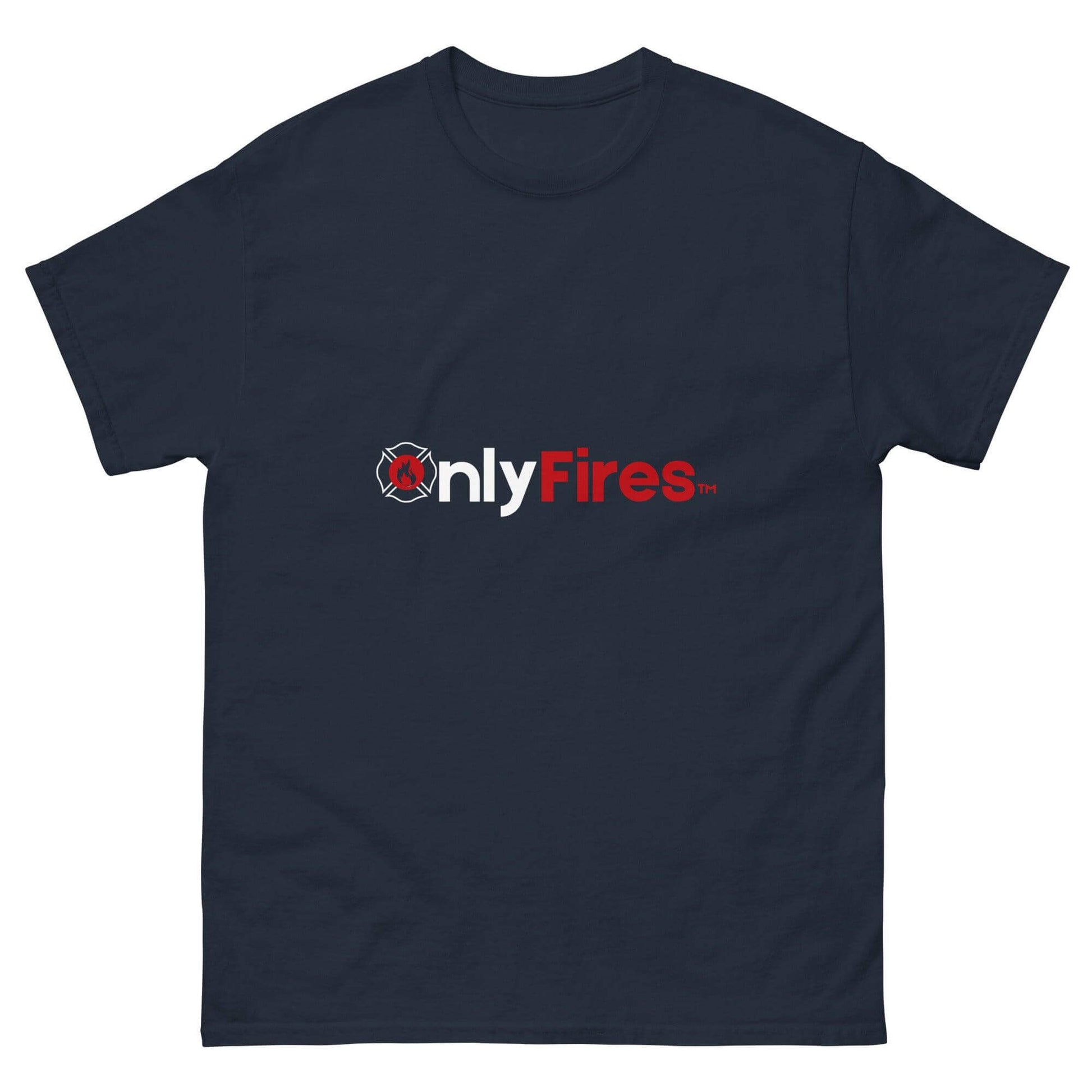 Unisex classic tee featuring "onlyFires" logo, perfect for firefighter gifts and apparel. Ideal for firehouse style.