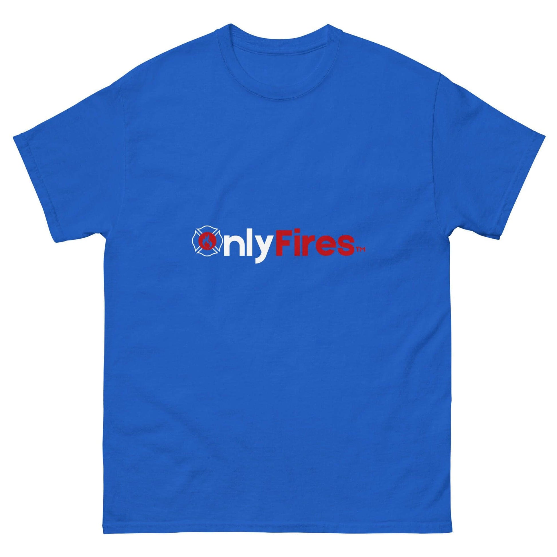 Unisex classic blue tee featuring "onlyFires" logo, ideal for firefighter apparel and gifts.