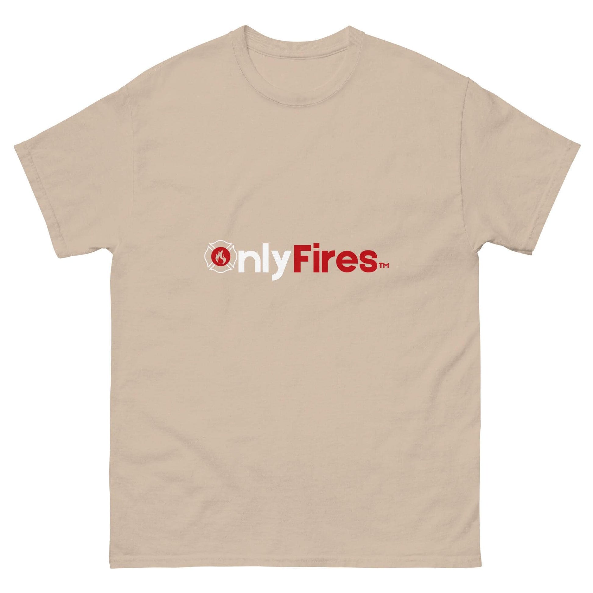 Unisex classic tee in beige color with "OnlyFires" logo, perfect for firefighter apparel and gifts.