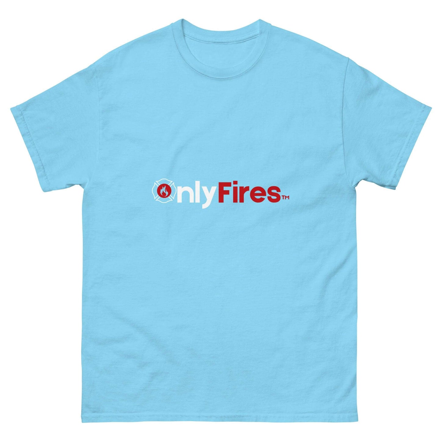 Unisex classic tee in light blue featuring "onlyFires" logo, perfect for firefighter gifts and apparel.