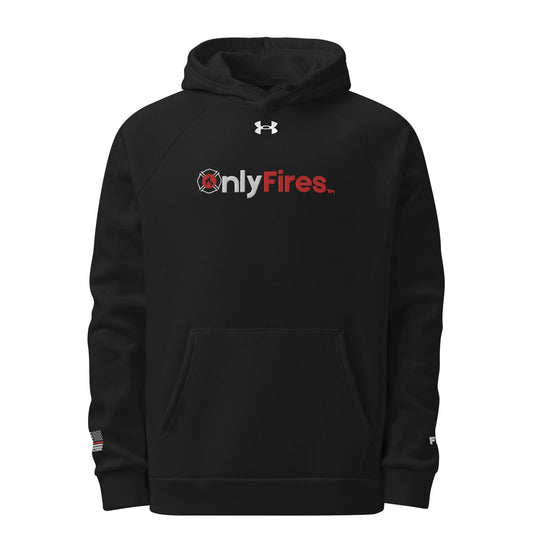 Stylish black hoodie featuring embroidered 'OnlyFires' logo, perfect for firefighters and firehouse pride.