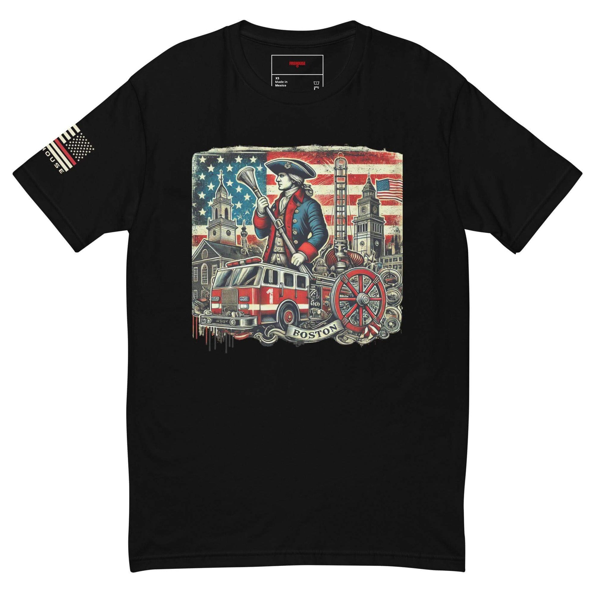 Short sleeve black t-shirt featuring firefighter design with American flag and Boston elements. Ideal for firefighter apparel enthusiasts.