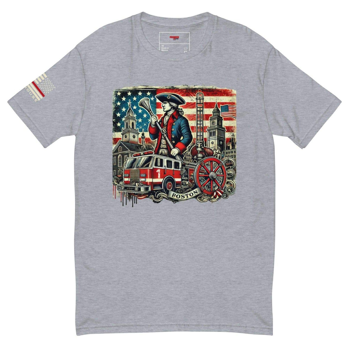 Short sleeve Heather Grey t-shirt featuring a patriotic firefighter design, perfect for firefighter apparel and gifts.