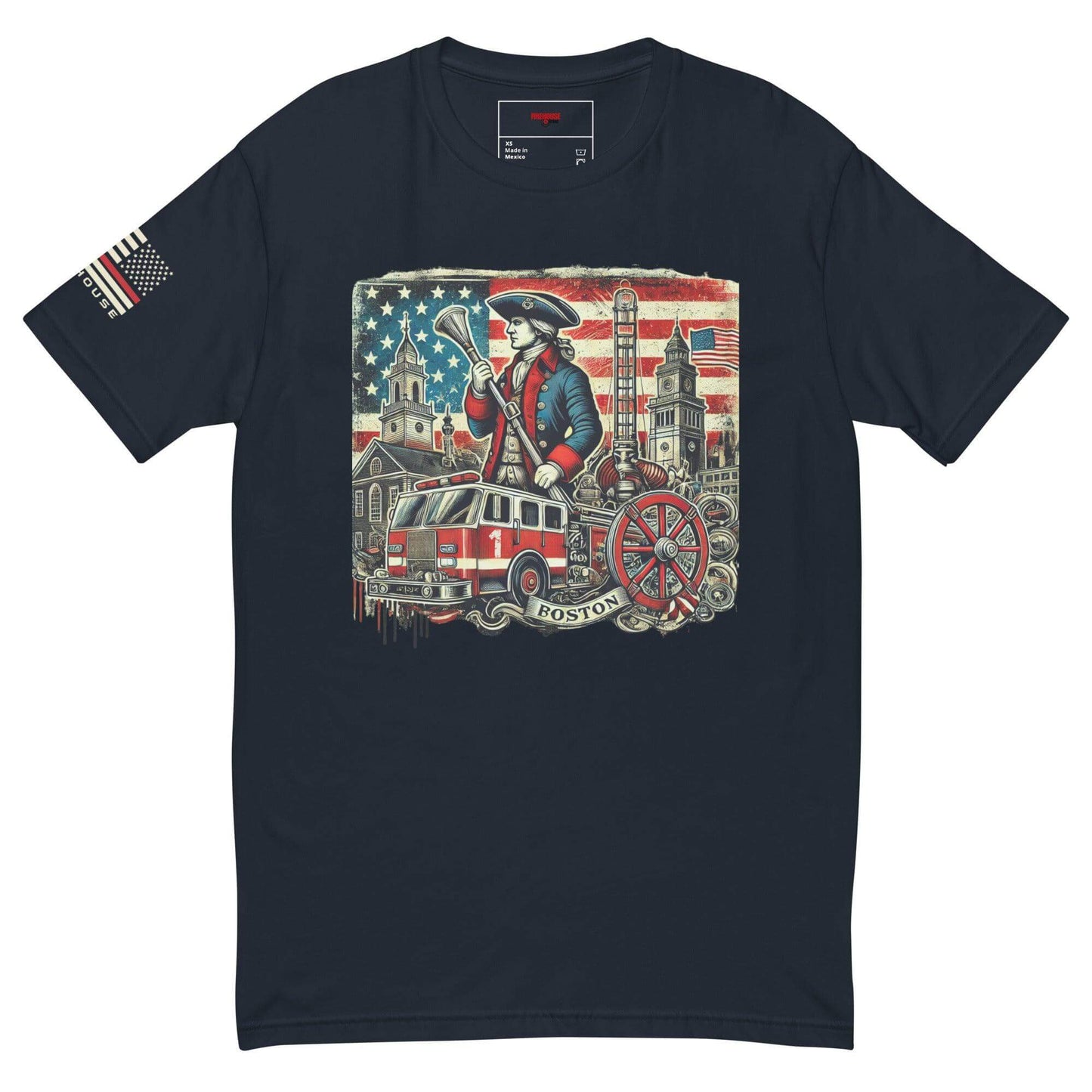 Short sleeve t-shirt featuring a patriotic firefighter graphic with Boston and American flag elements. Perfect firefighter apparel.