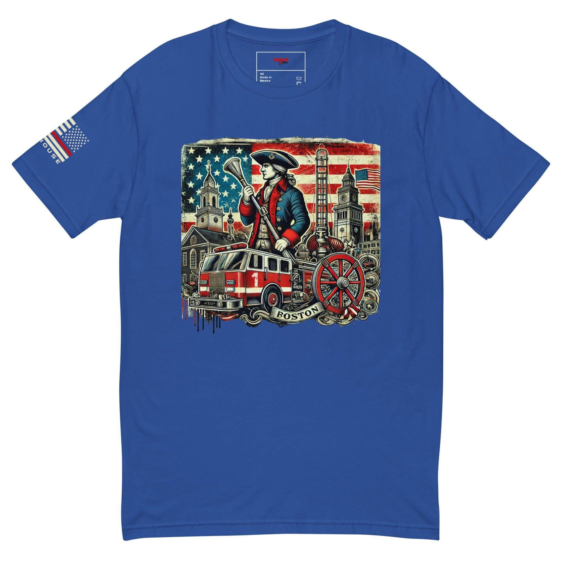 Blue t-shirt featuring a vintage firefighter design with American flag and Boston fire truck graphic. Perfect firefighter gift.