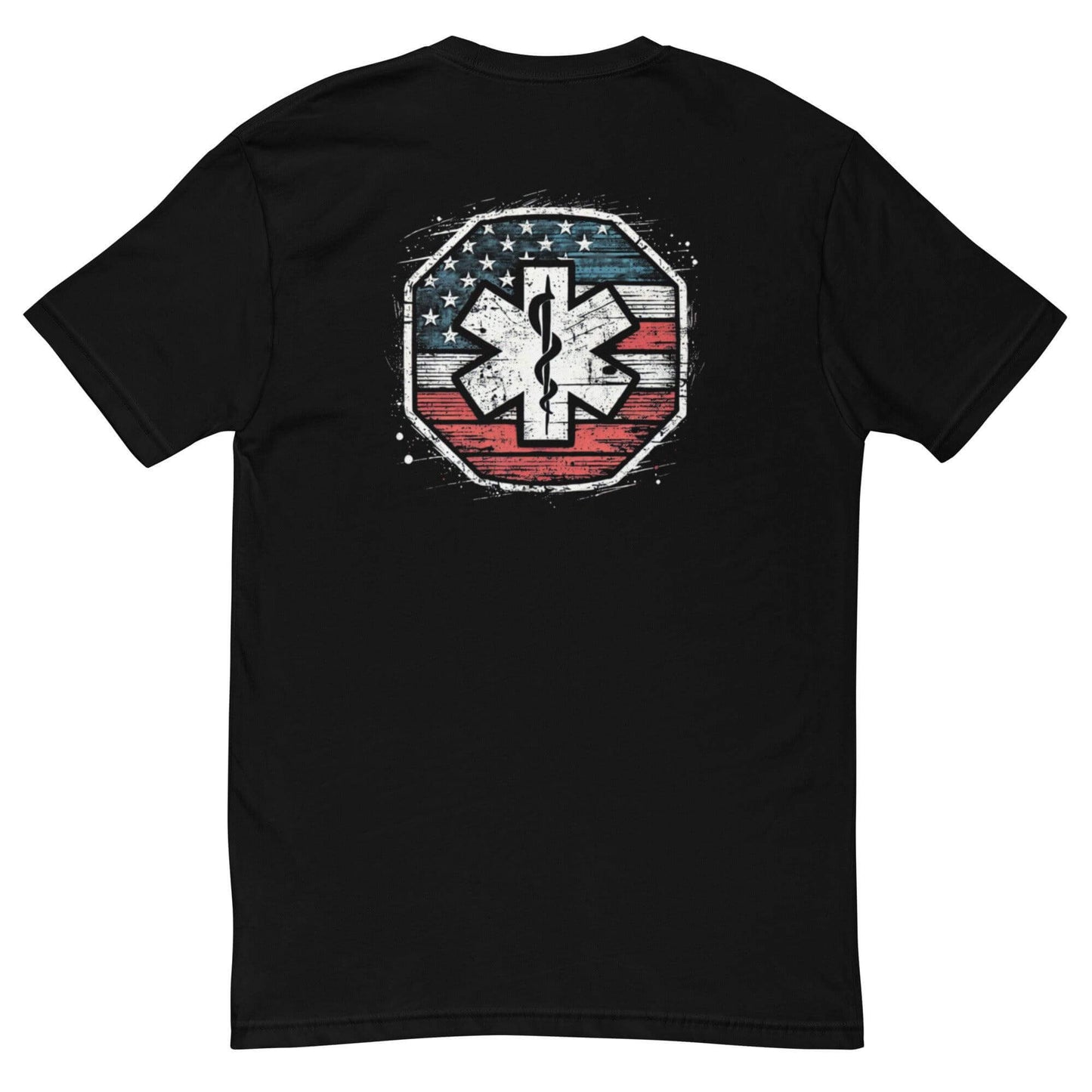 Black t-shirt featuring a distressed American flag design with a medical star emblem on the back. Perfect for emergency responders.