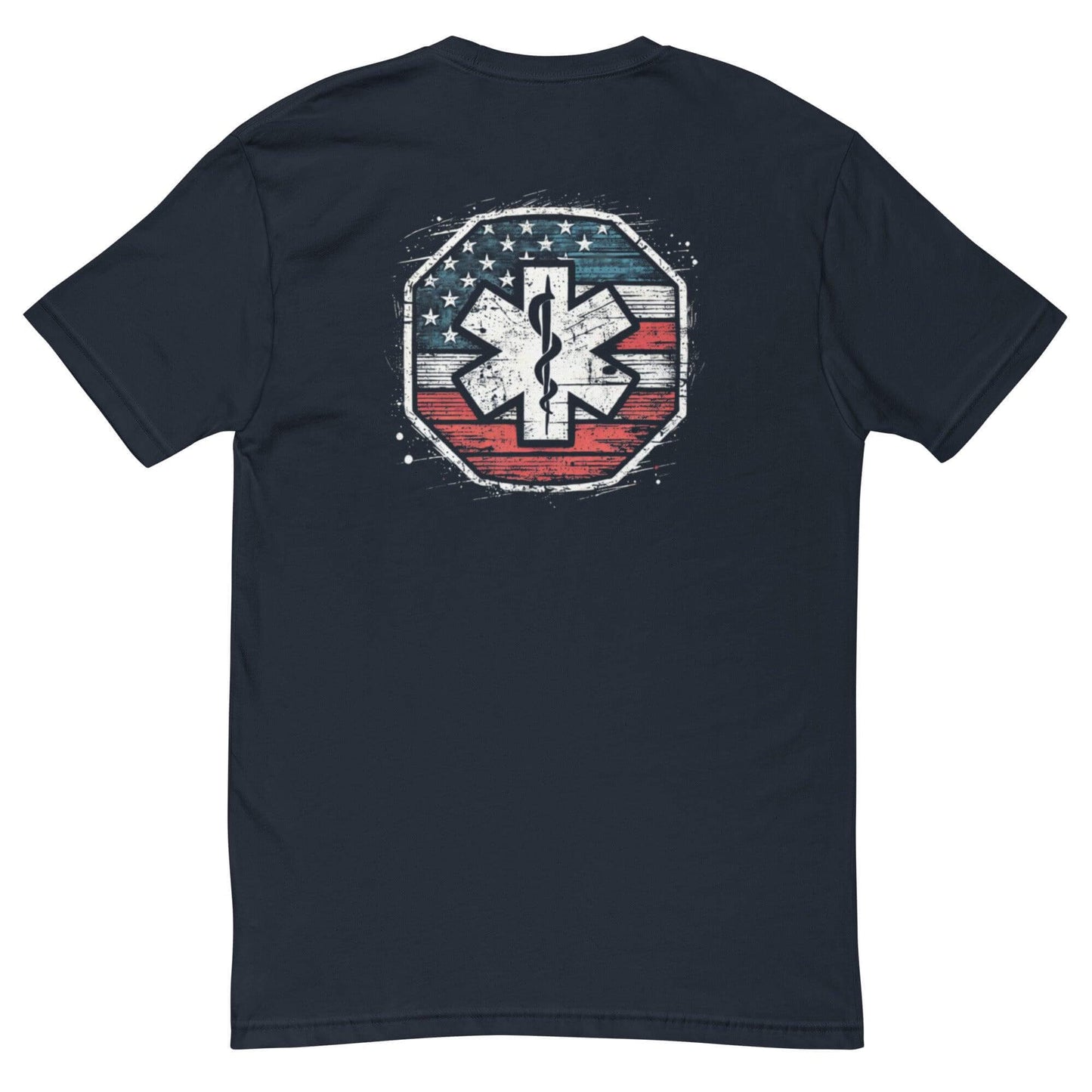 Back view of a navy short sleeve t-shirt featuring a distressed American flag with a medical emblem design.