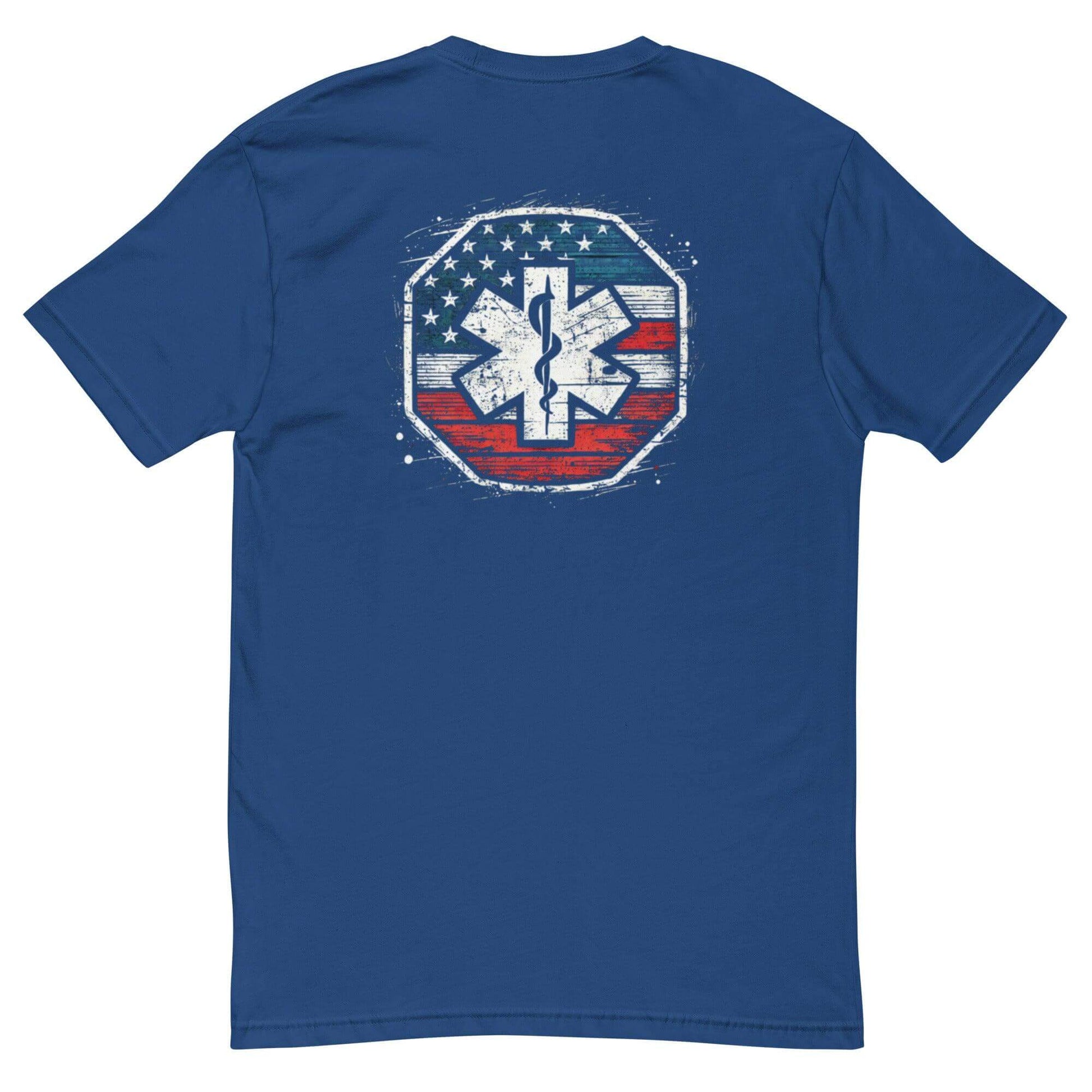 Back view of a blue short sleeve t-shirt featuring a distressed American flag design with a medical emblem, ideal for firefighter apparel.