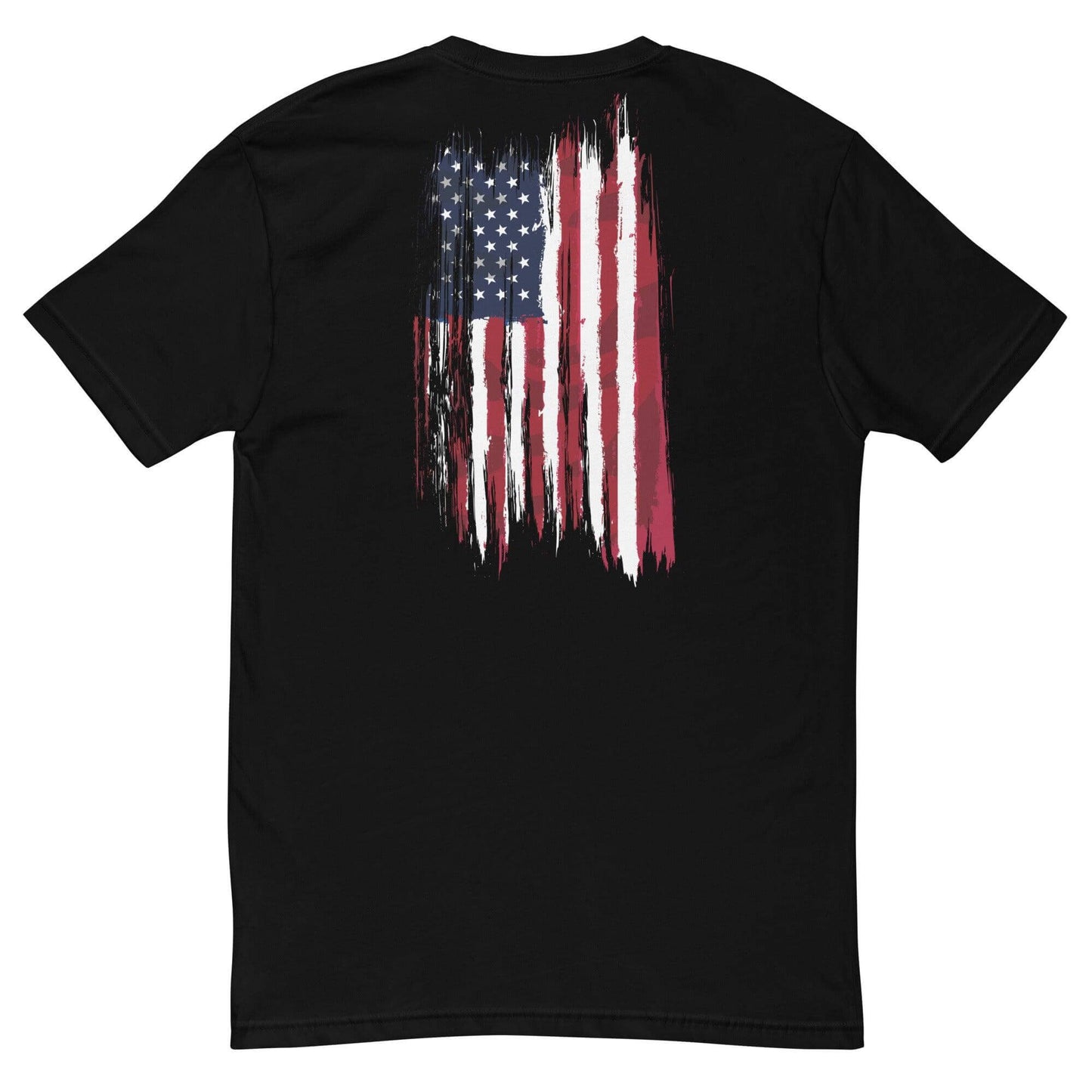 Black t-shirt featuring a distressed American flag design, perfect for firefighter apparel and gifts.