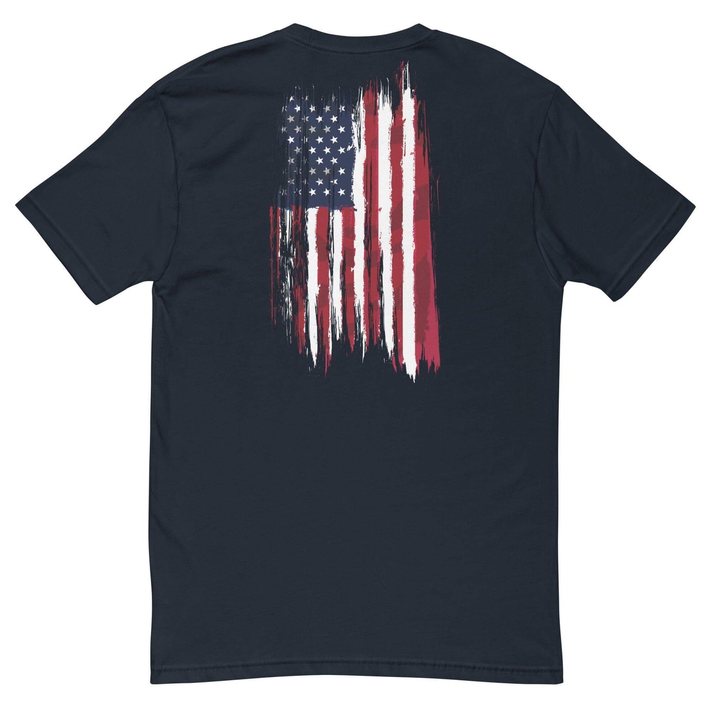 Short sleeve t-shirt featuring a distressed American flag design on a navy background, perfect for firefighter apparel.