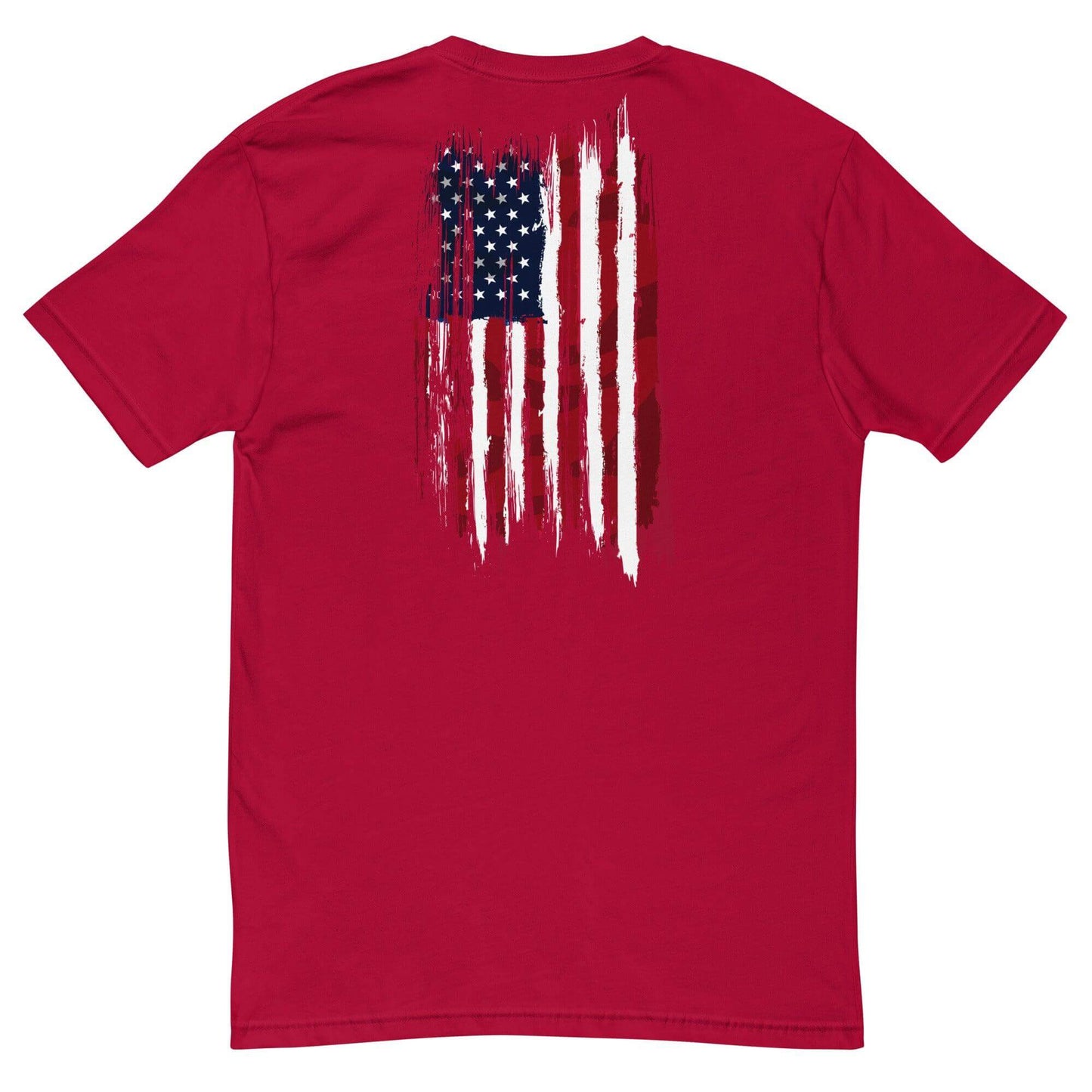 Back view of a red short sleeve t-shirt featuring a distressed American flag design. Ideal for firefighter apparel and gifts.