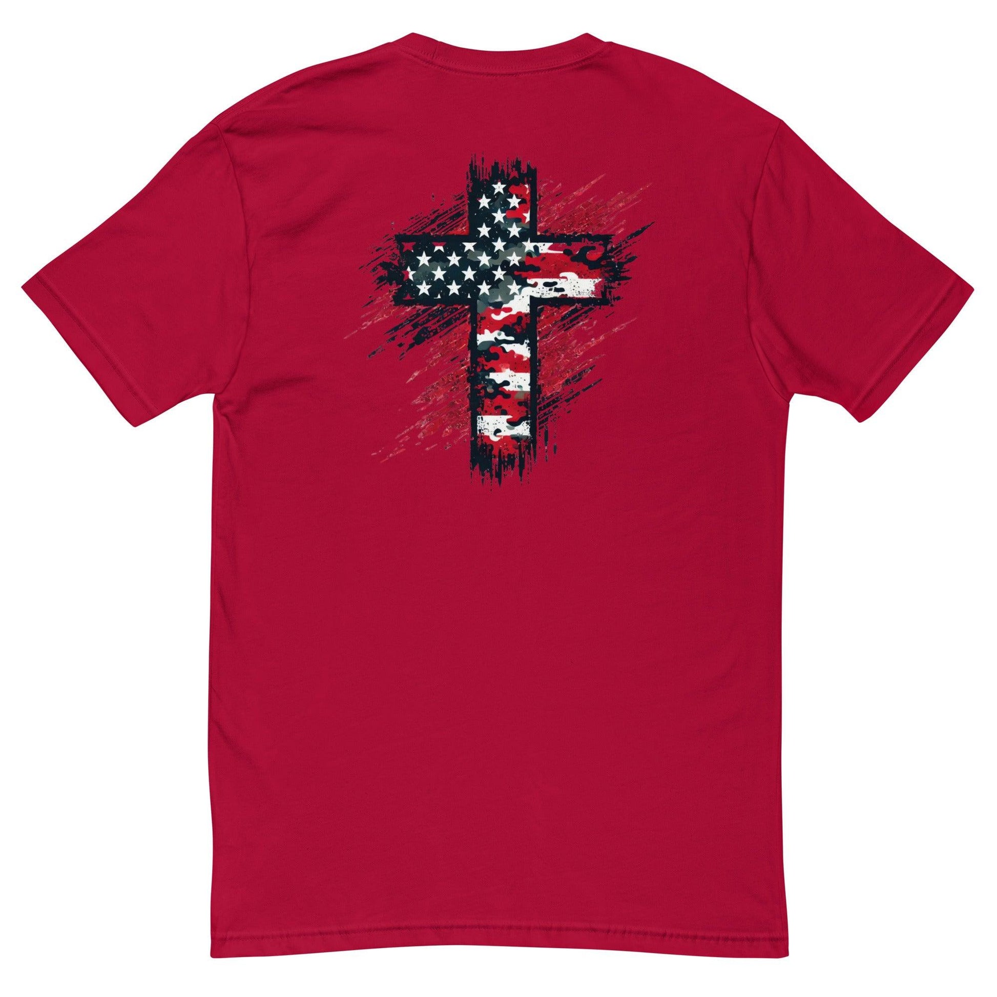 Red t-shirt featuring an American flag cross graphic on the back, designed for patriotic wear and faith-inspired expression.