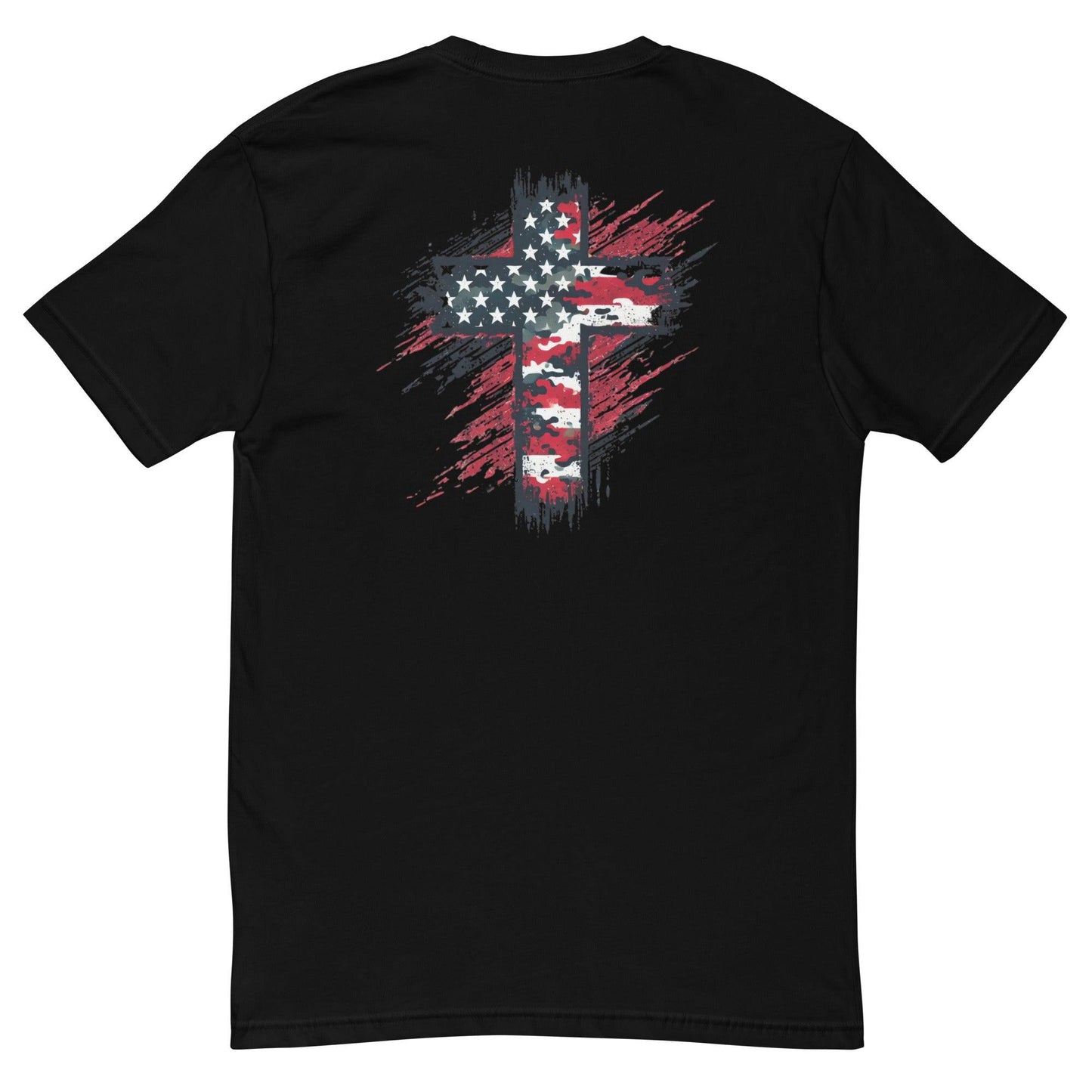 Black t-shirt featuring a distressed American flag cross design on the back, ideal for firefighter apparel and gifts.