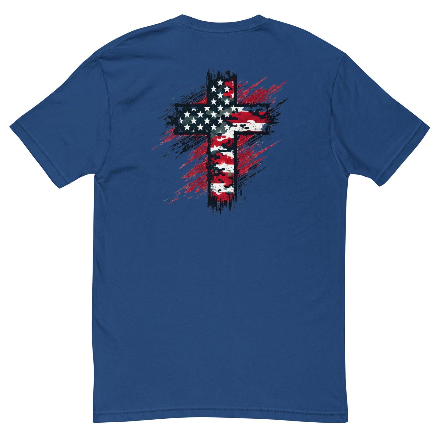 Blue short sleeve t-shirt with a graphic of a cross featuring the American flag design on the back.