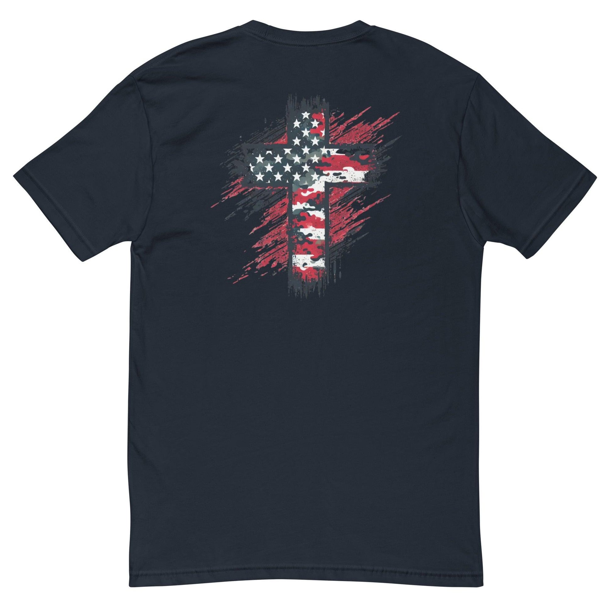 Back view of a black short sleeve t-shirt featuring a distressed American flag cross design.