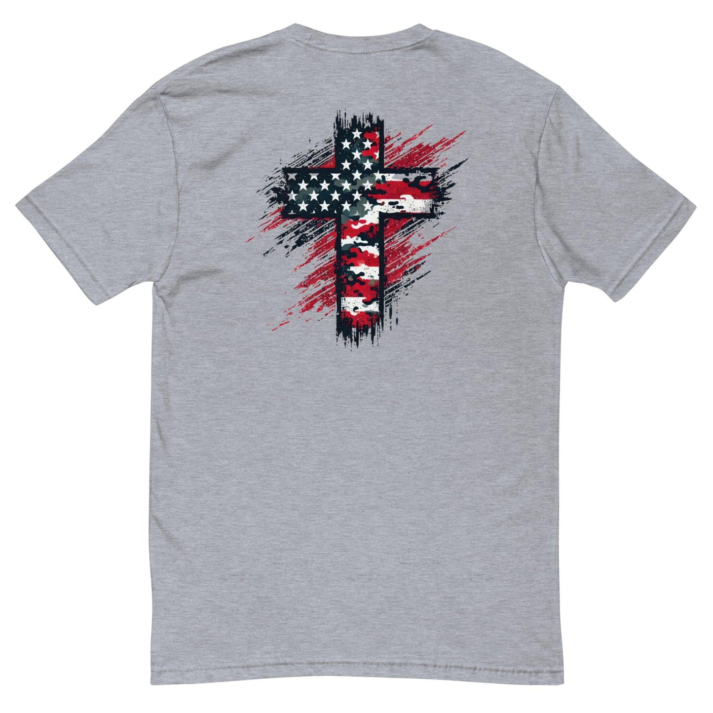 Heather grey t-shirt featuring a patriotic American flag cross design on the back, ideal for firefighter apparel.