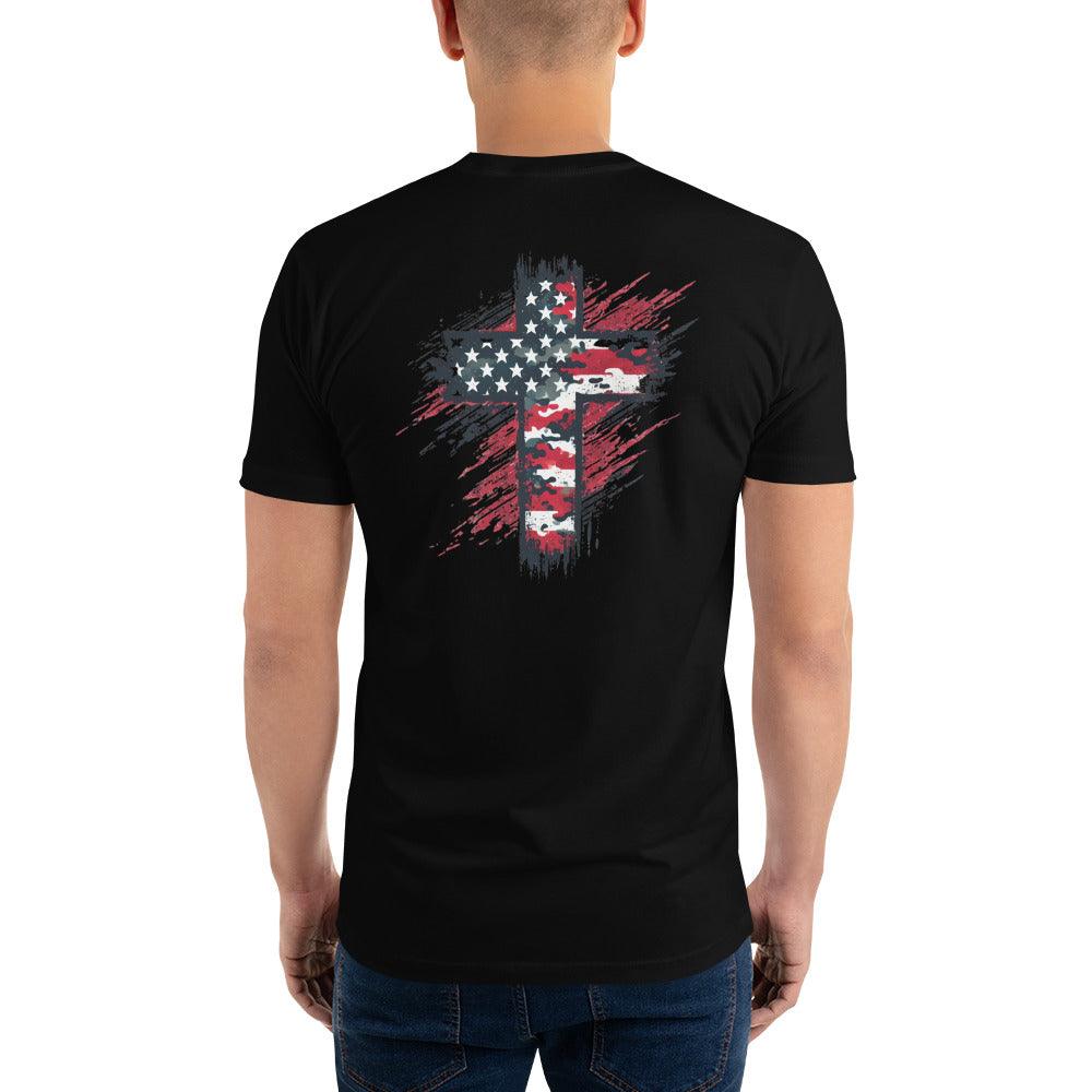 Back view of a black t-shirt featuring a distressed American flag cross design. Ideal for patriotic apparel lovers.