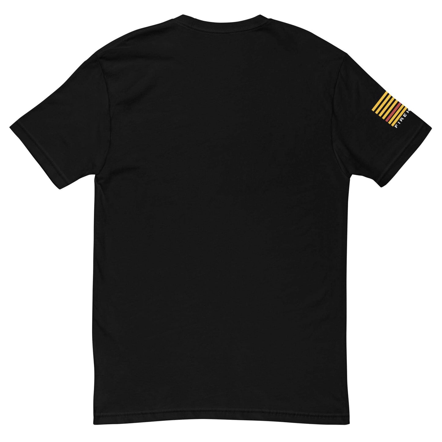 Black short sleeve t-shirt with yellow striped flag design on sleeve, perfect for firefighter apparel and gifts.