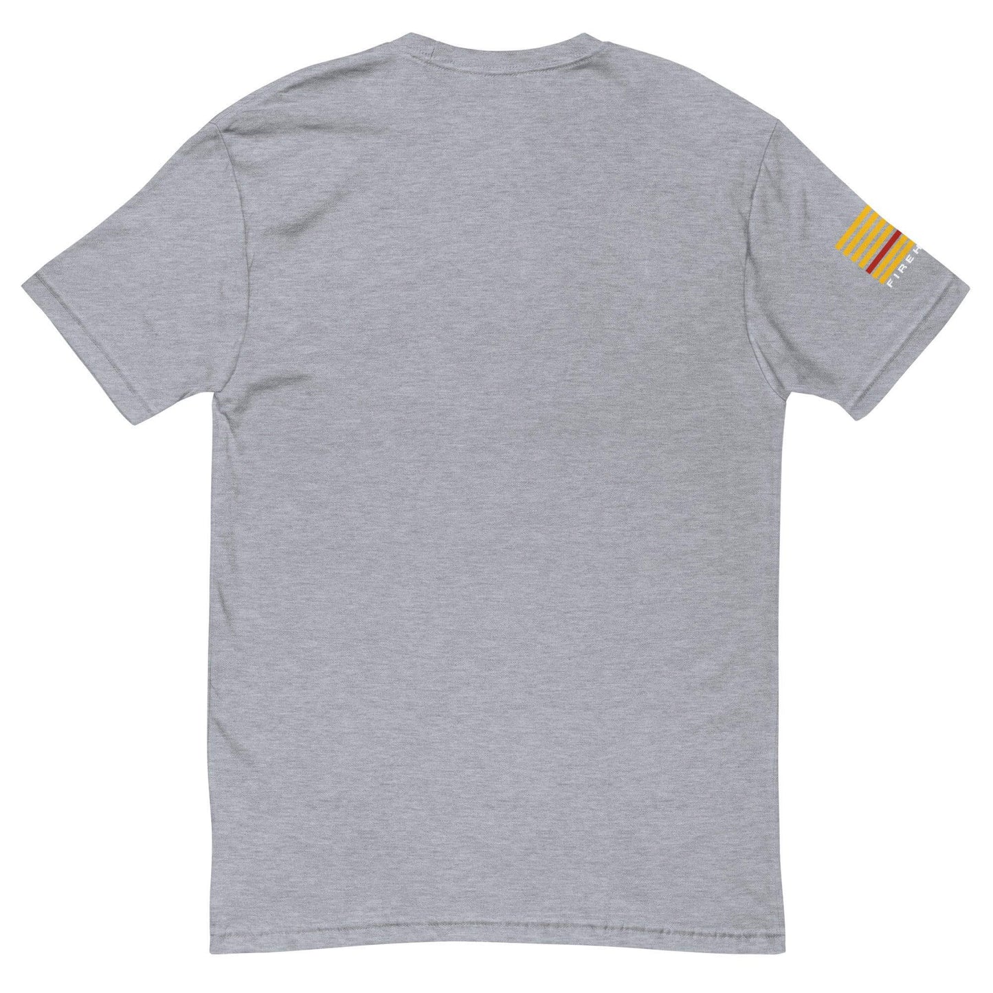 Comfortable grey short sleeve t-shirt featuring a classic design and firefighter badge detail on the sleeve.