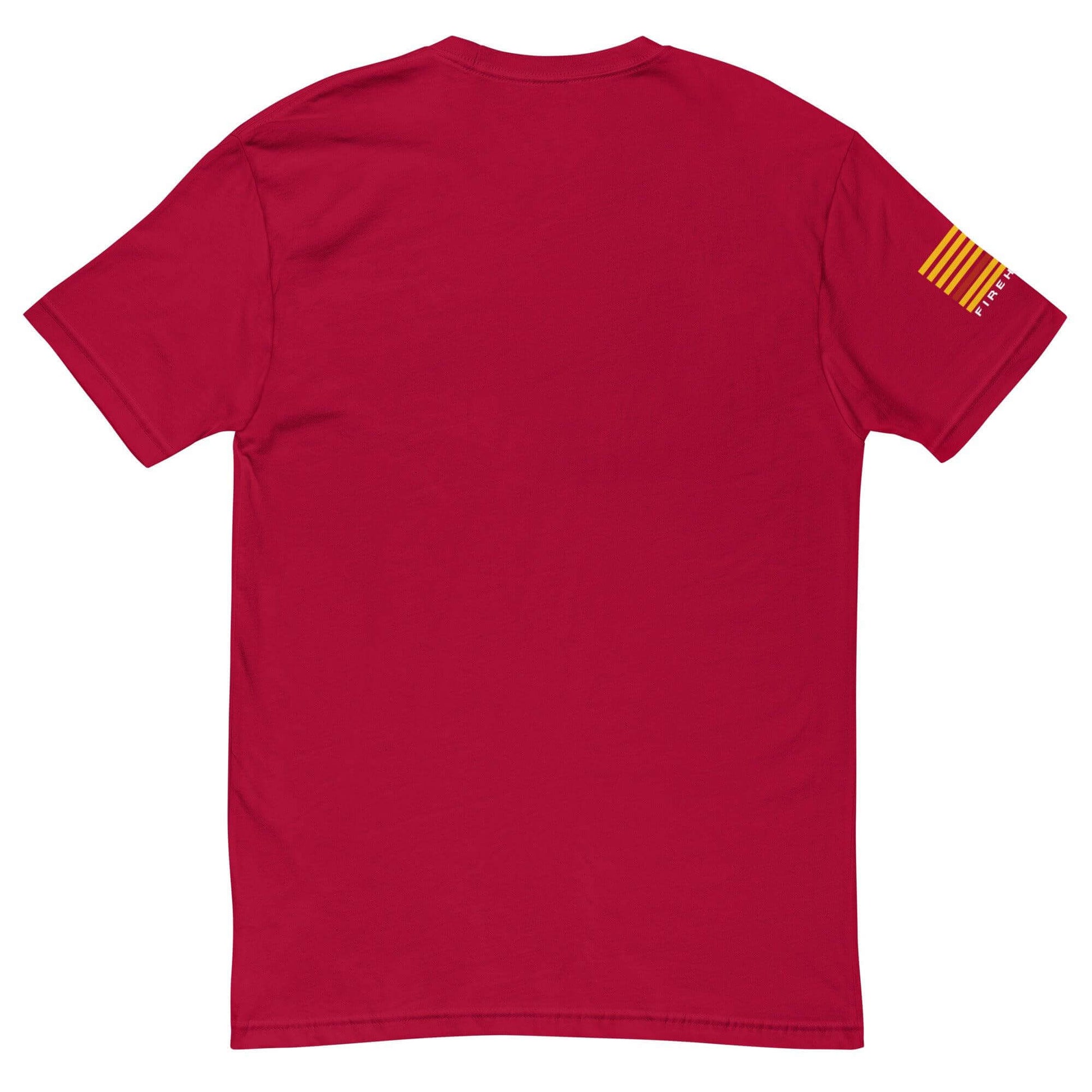 Back view of a red short sleeve t-shirt featuring a firefighter flag design on the sleeve, perfect for firefighter gifts.