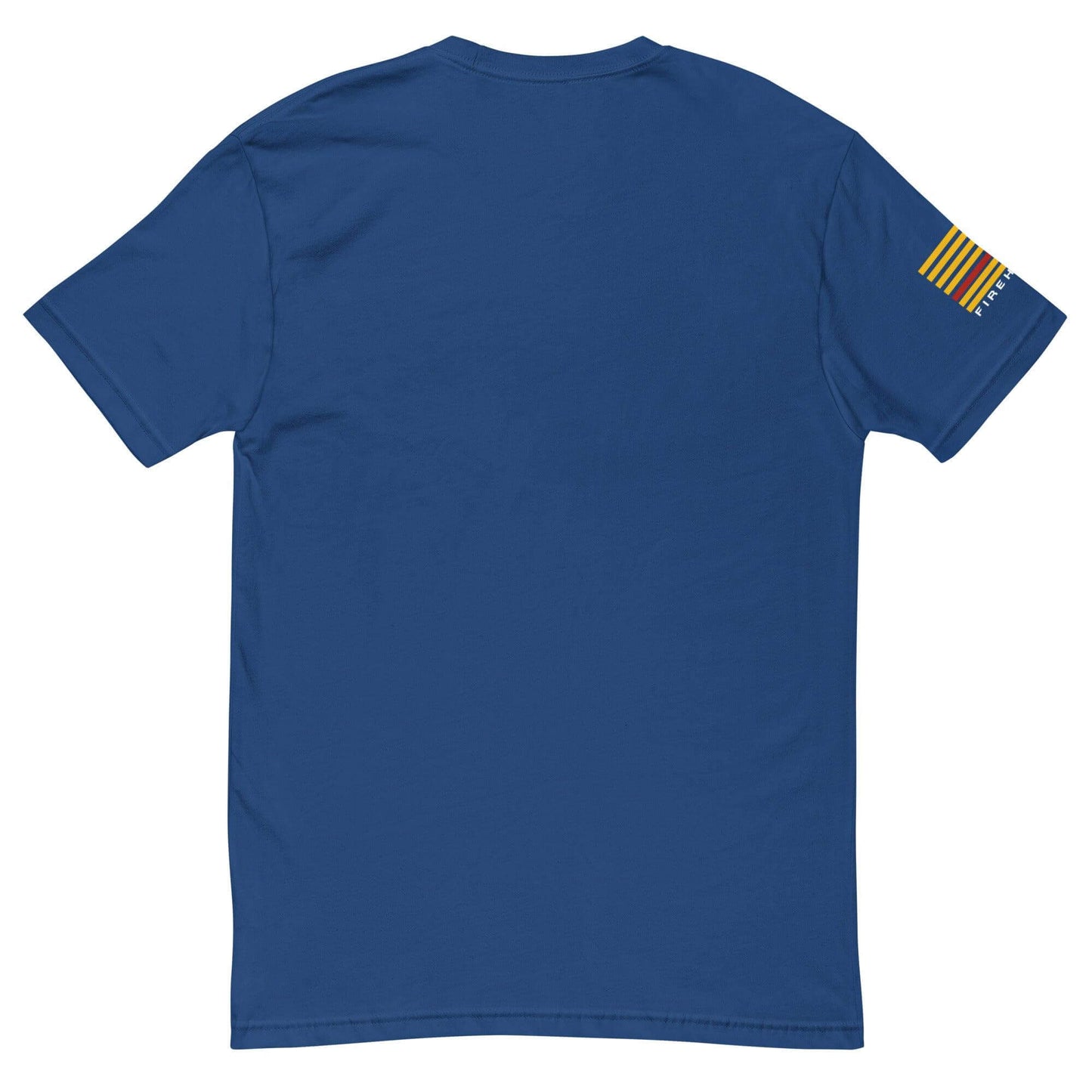 Back view of a blue short sleeve t-shirt featuring a firefighter flag design, ideal for firefighter gifts and apparel.