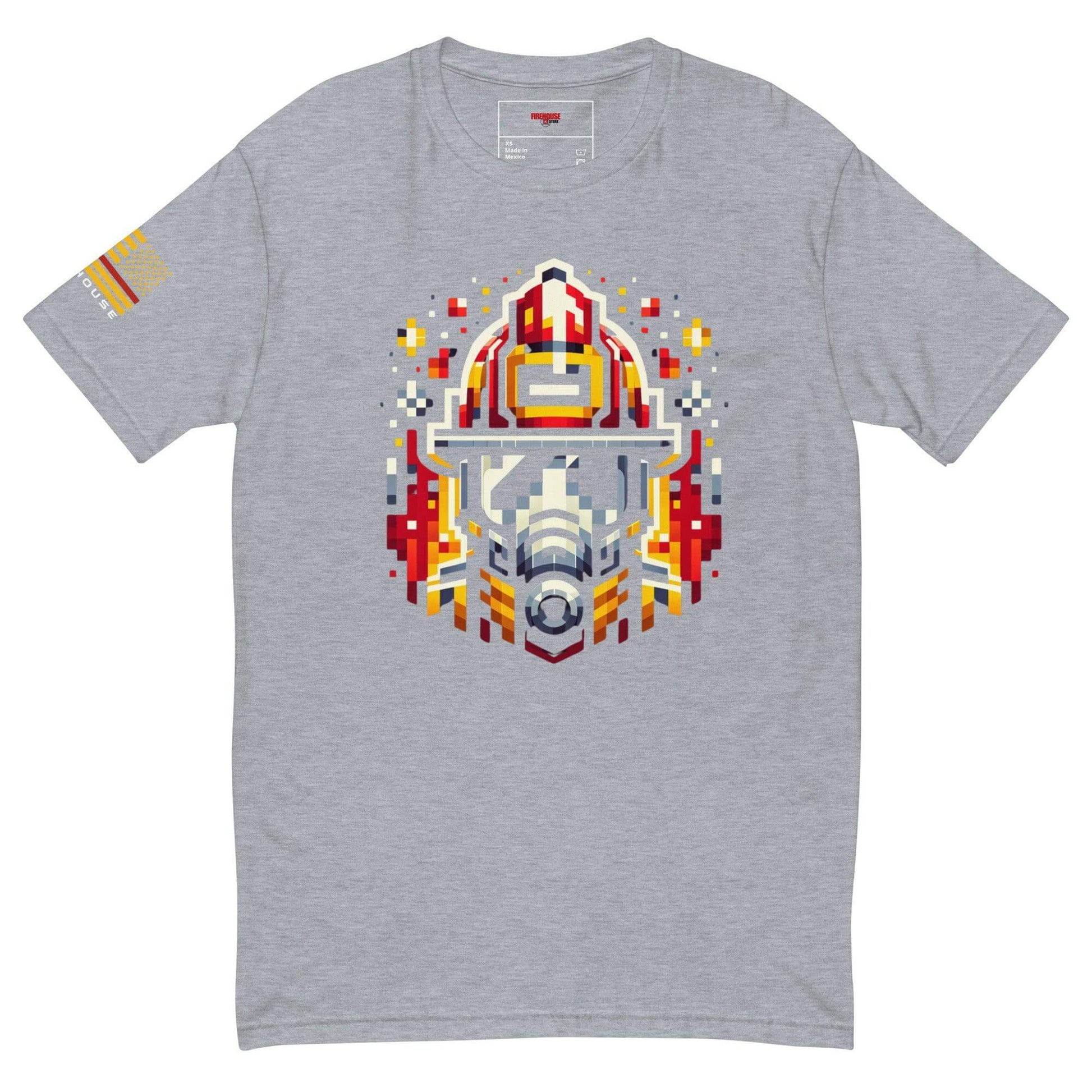 Pixel art firefighter t-shirt in heather grey, perfect for firefighter gifts and apparel enthusiasts.