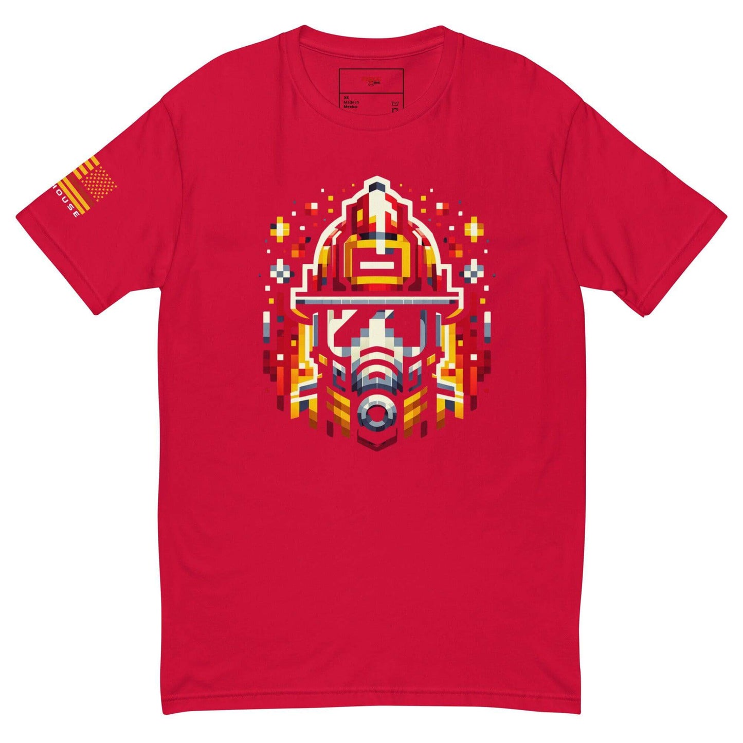 Pixel art firefighter graphic t-shirt in red, perfect for firefighter gifts and apparel. Lightweight and comfortable design.