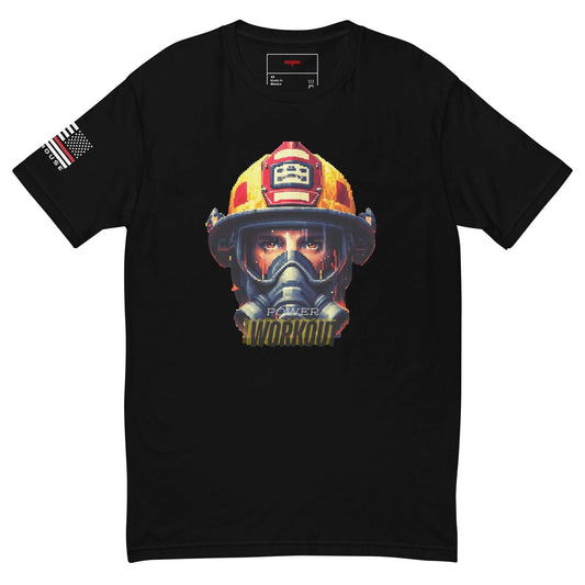 Black short sleeve t-shirt featuring a firefighter graphic and "Power Workout" text, perfect for firefighter apparel and gifts.