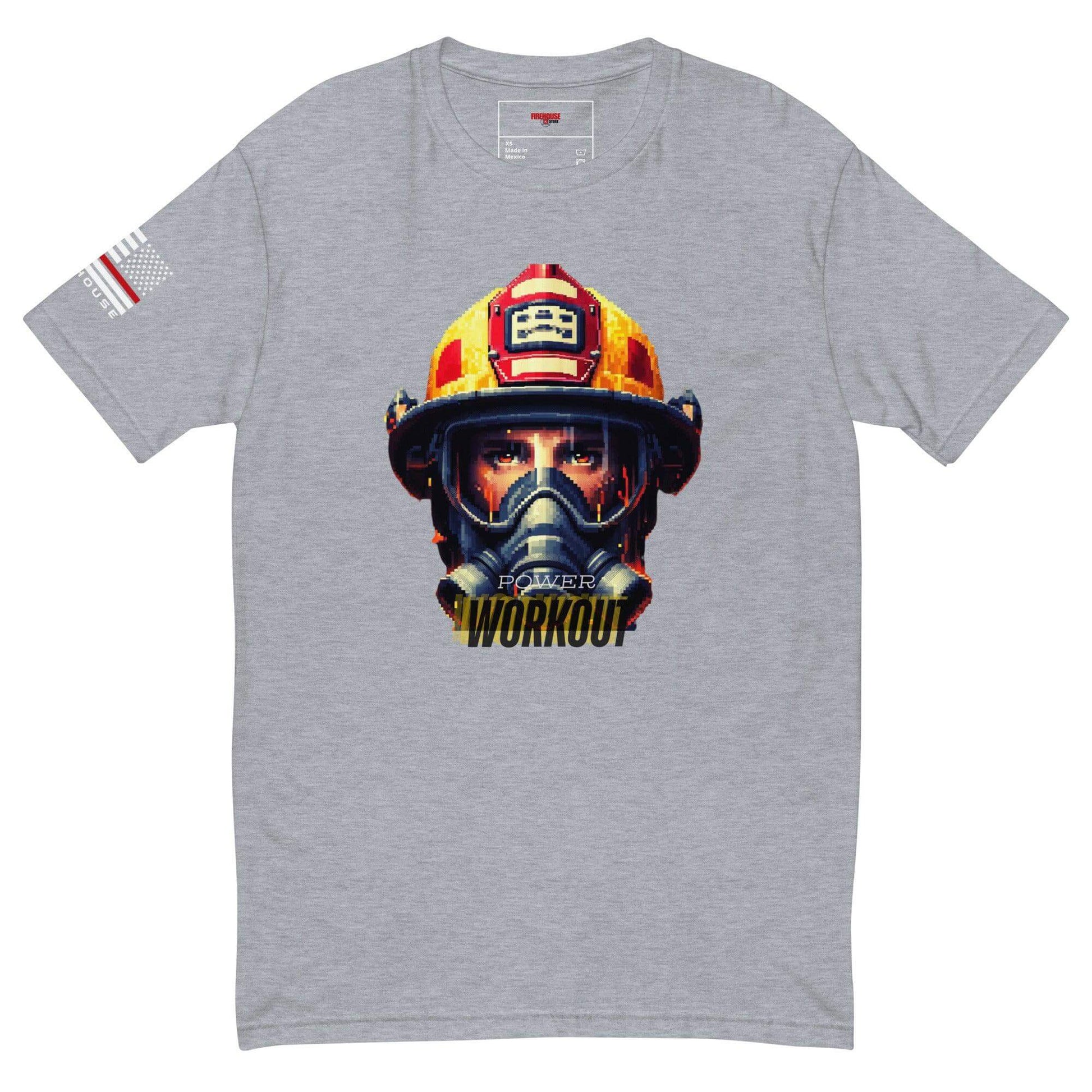 Short sleeve firefighter t-shirt featuring a powerful graphic design for workout enthusiasts, in heather grey.