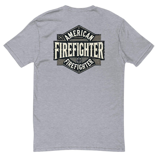 Grey short sleeve t-shirt featuring "American Firefighter" graphic on the back, perfect for firefighter apparel and gifts.